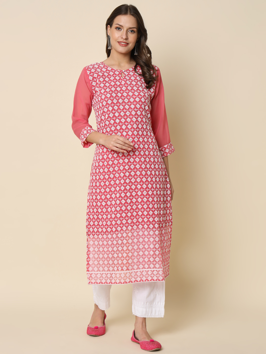 Pink Georgette Chikankari Embroidered Kurti