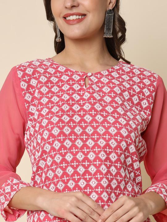 Pink Georgette Chikankari Embroidered Kurti