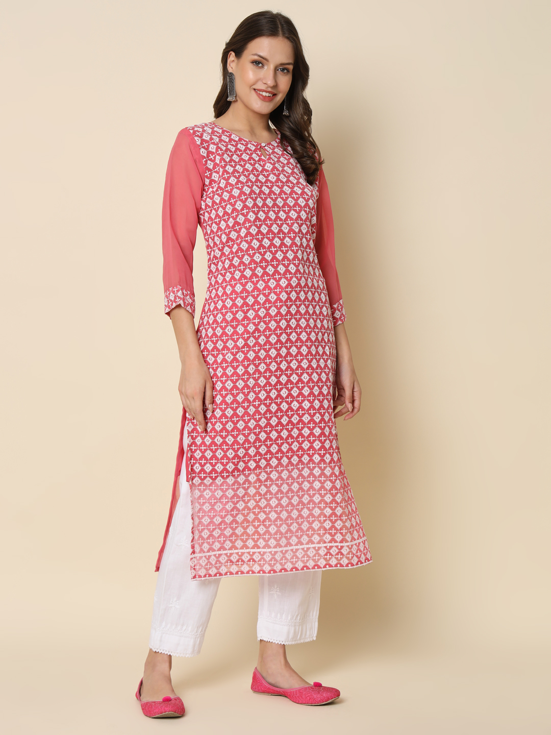 Pink Georgette Chikankari Embroidered Kurti