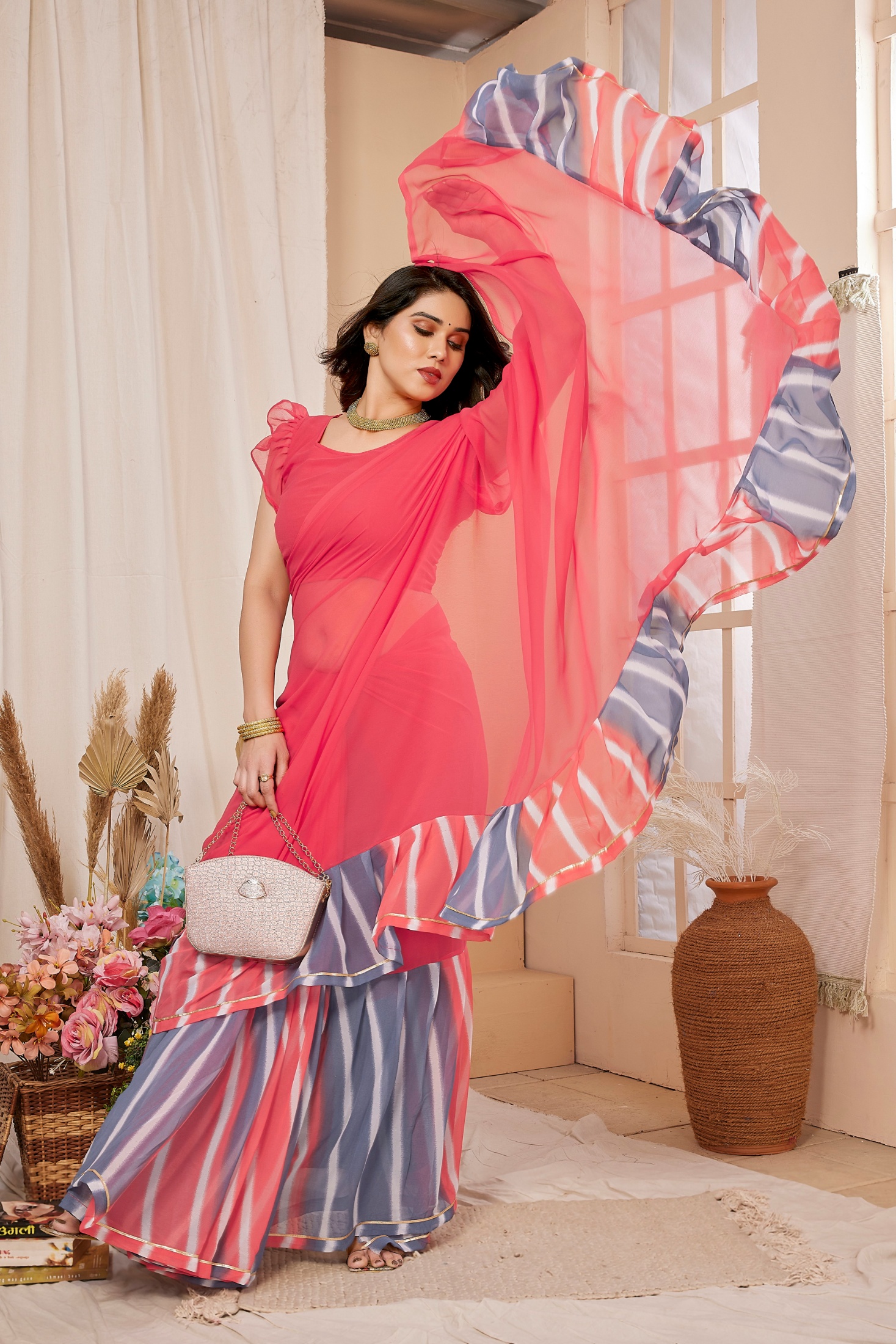 Pink Georgette Designer Ruffle Saree
