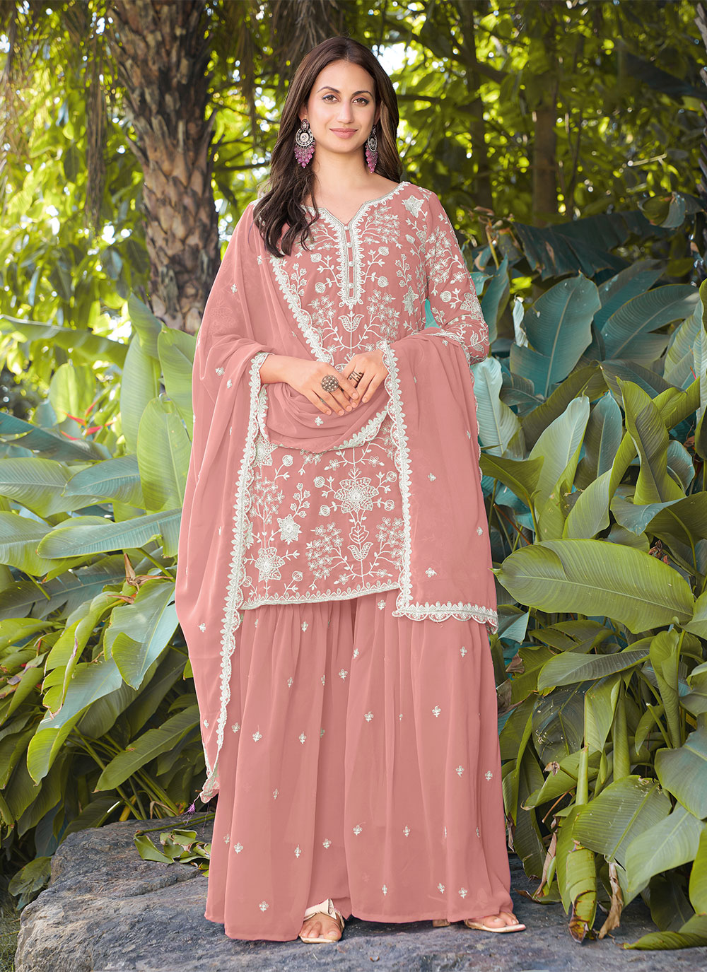 Pink Georgette Embroidered Sharara Suit