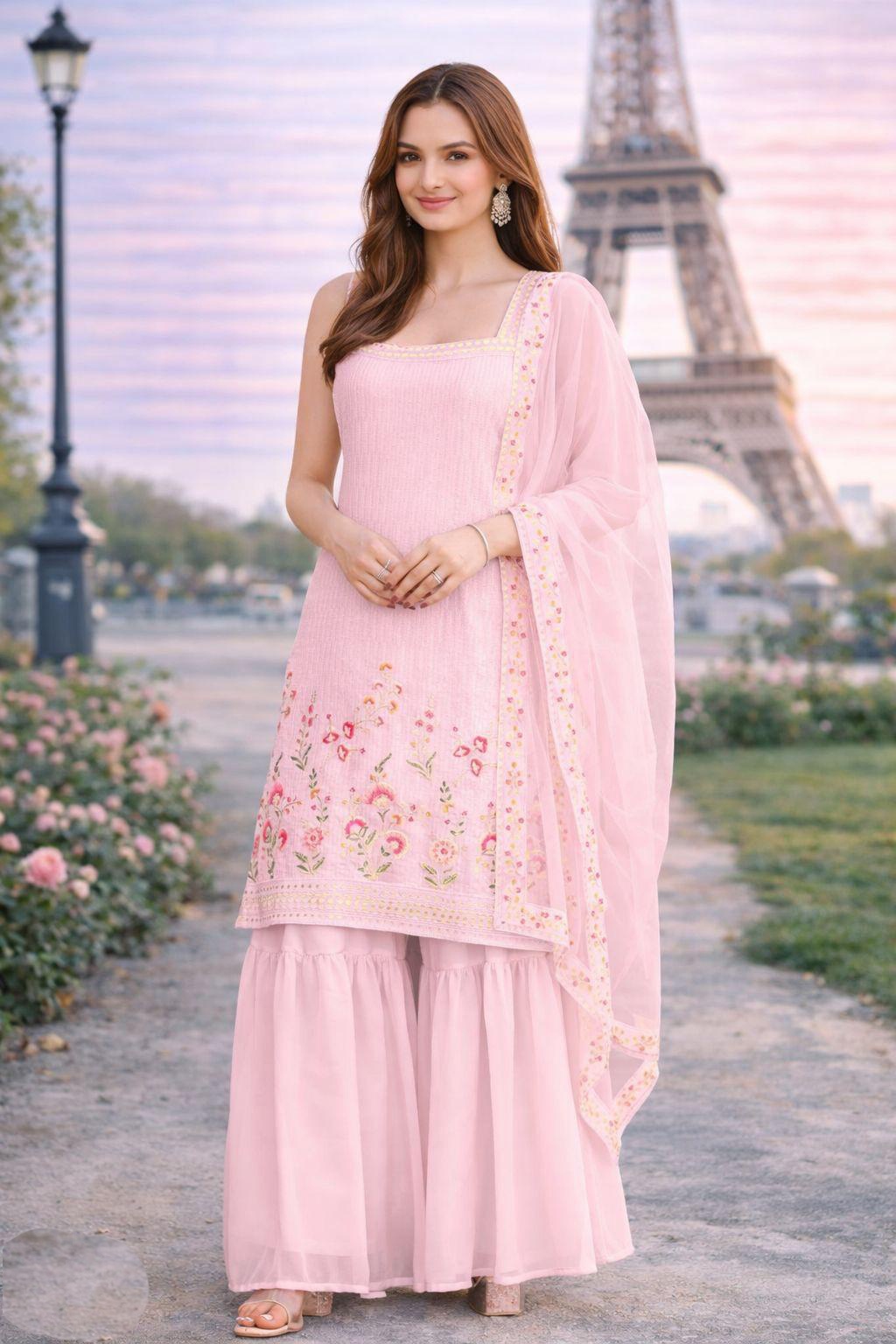 Pink Georgette Floral Embroidered Sharara Suit