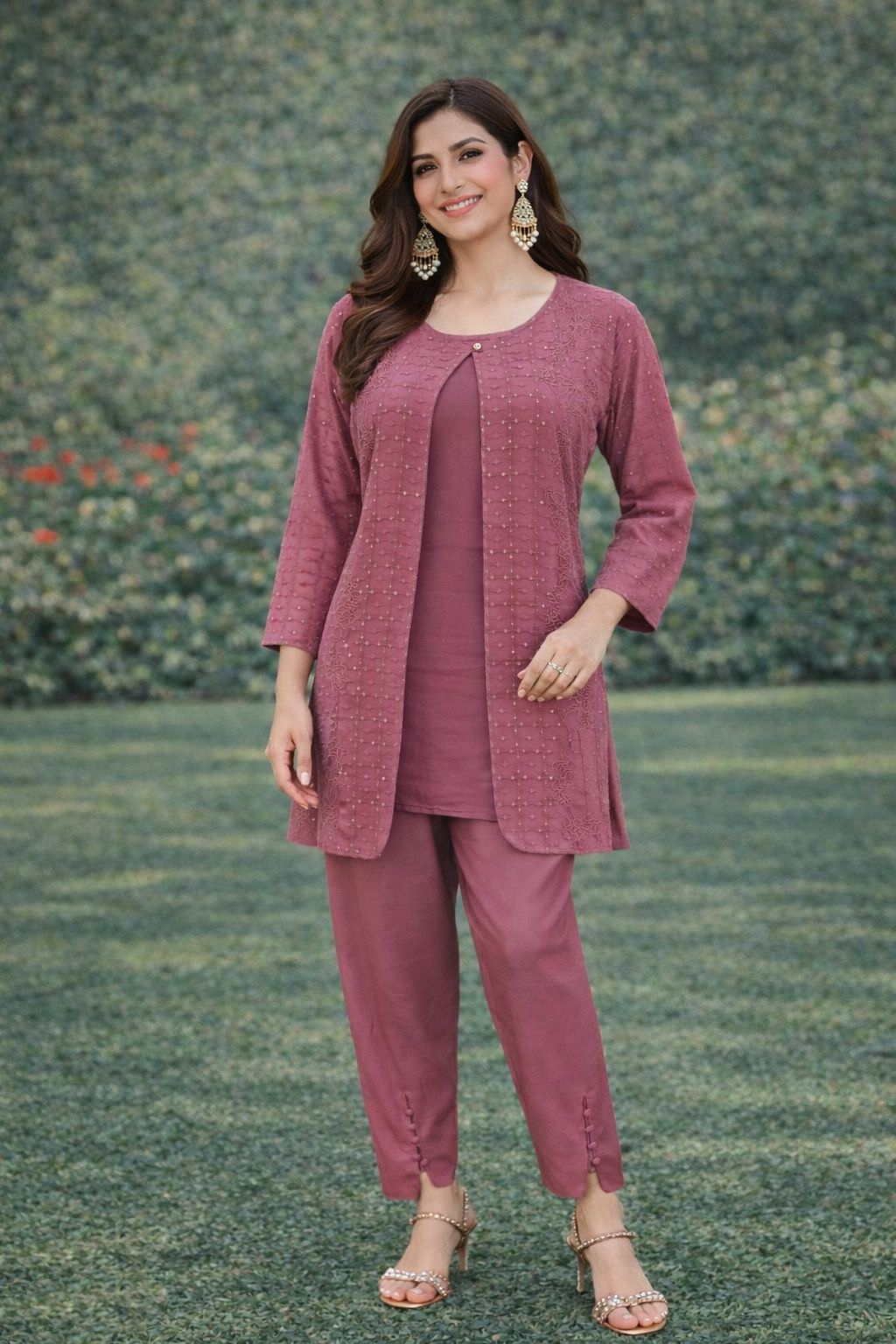 Pink Georgette Floral Embroidery Sequence Work Koti Coord Set