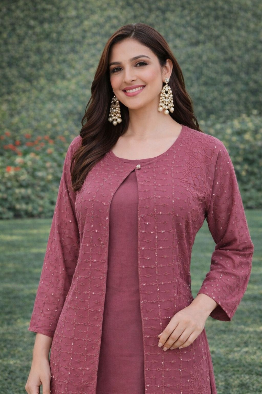Pink Georgette Floral Embroidery Sequence Work Koti Coord Set