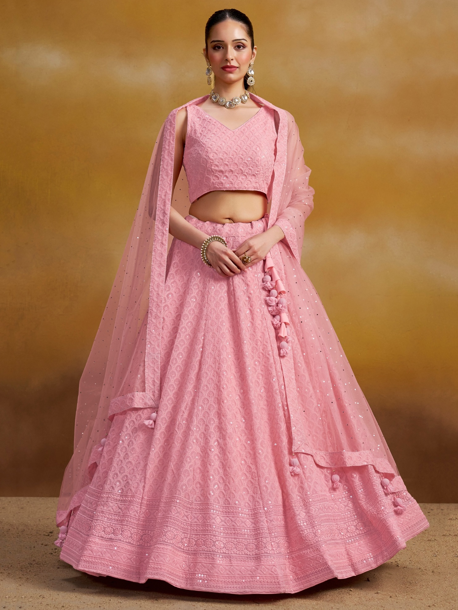 Pink Georgette Thread Sequins Embroidery Lehenga Choli