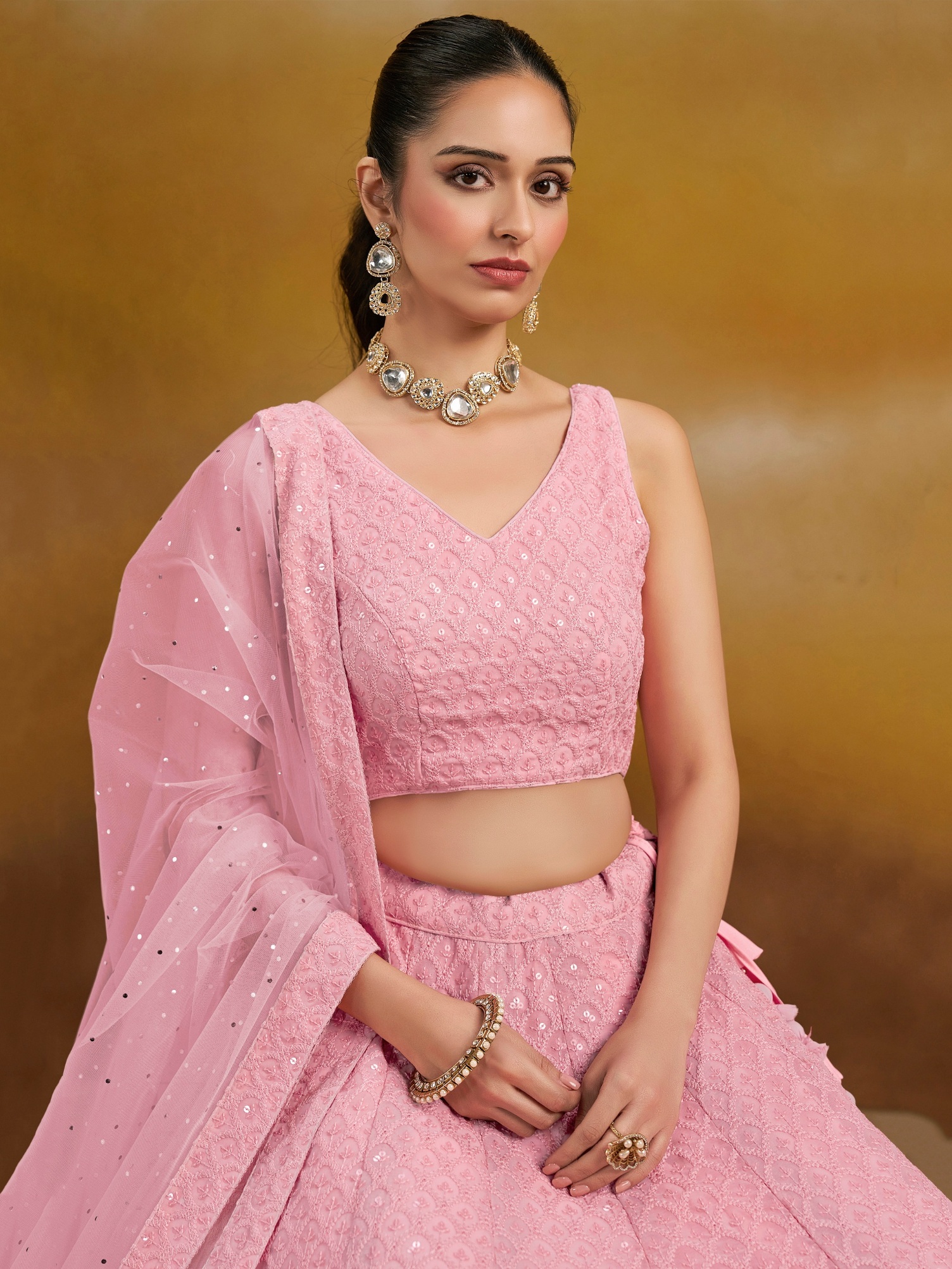 Pink Georgette Thread Sequins Embroidery Lehenga Choli