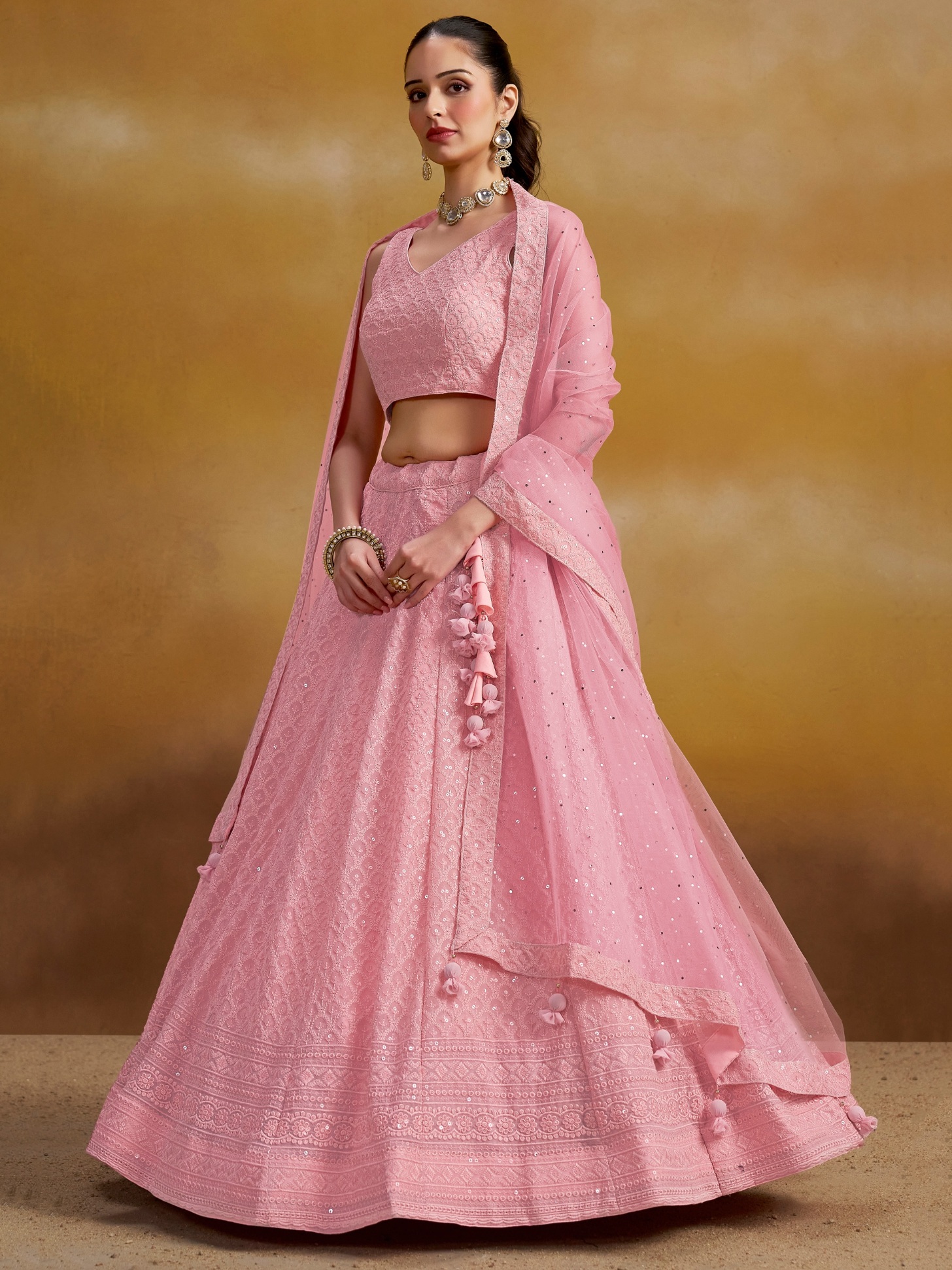 Pink Georgette Thread Sequins Embroidery Lehenga Choli
