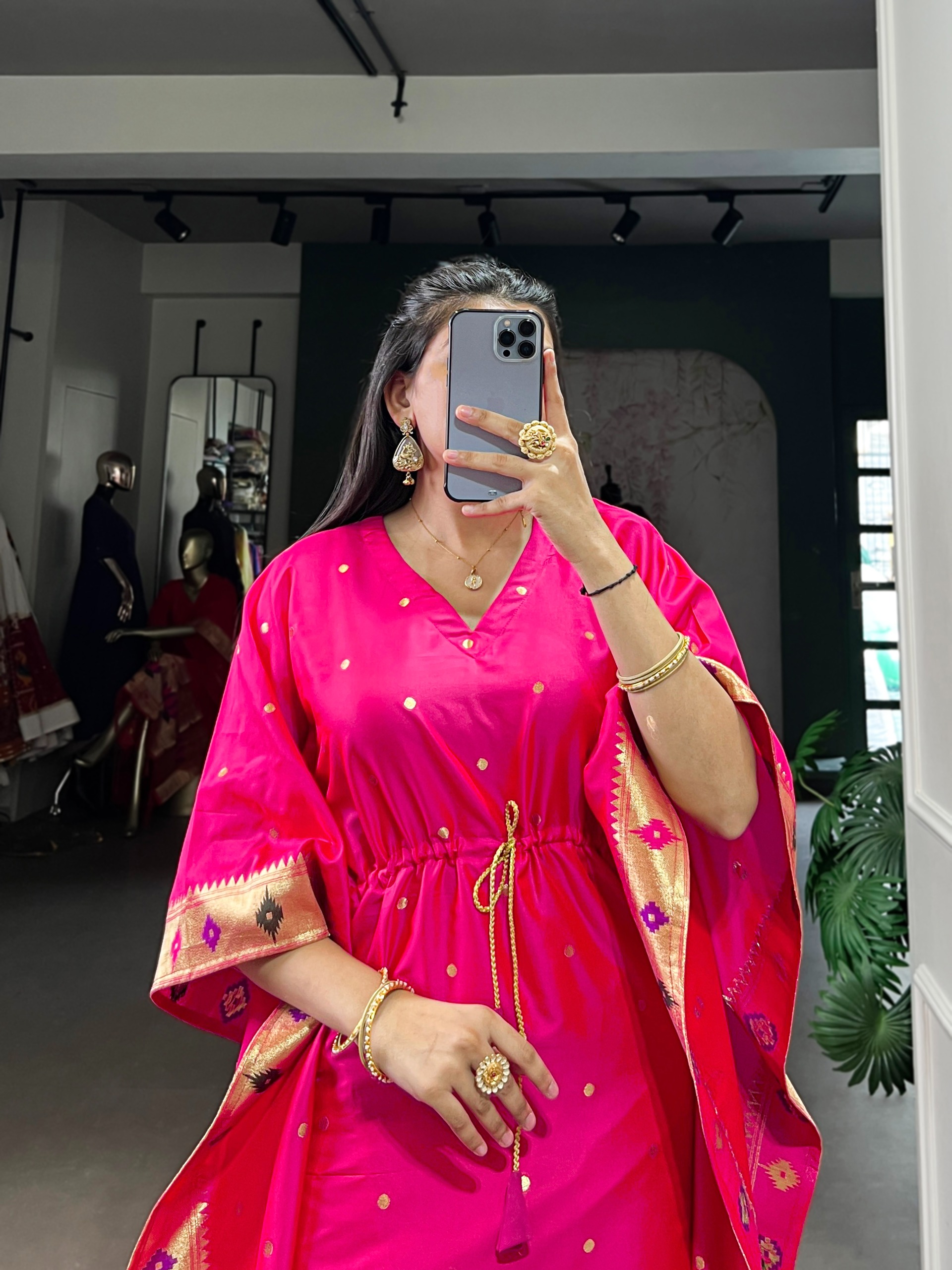 Pink Gold Butti Paithani Soft Silk Kaftaan — alternate view