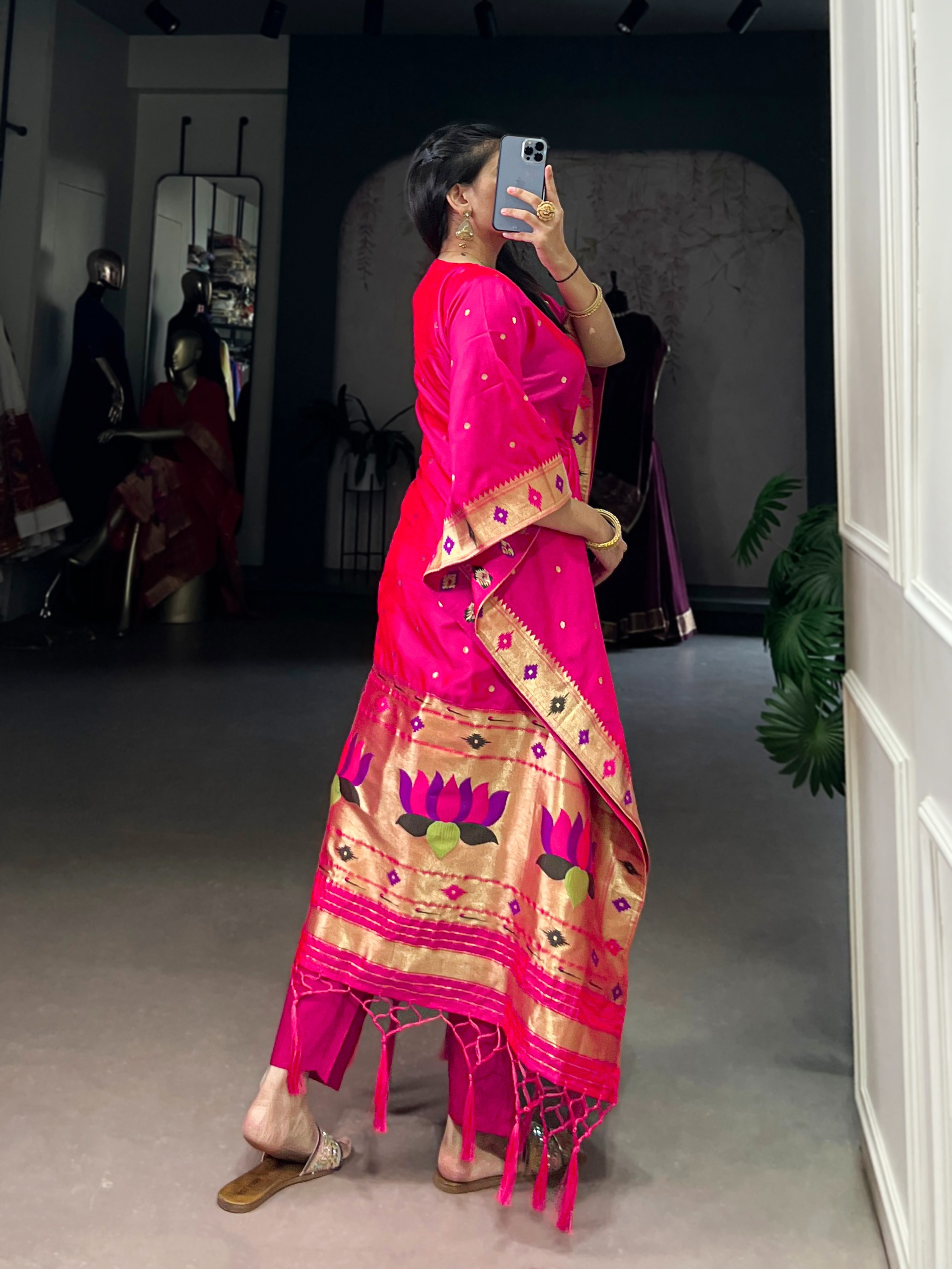 Pink Gold Butti Paithani Soft Silk Kaftaan