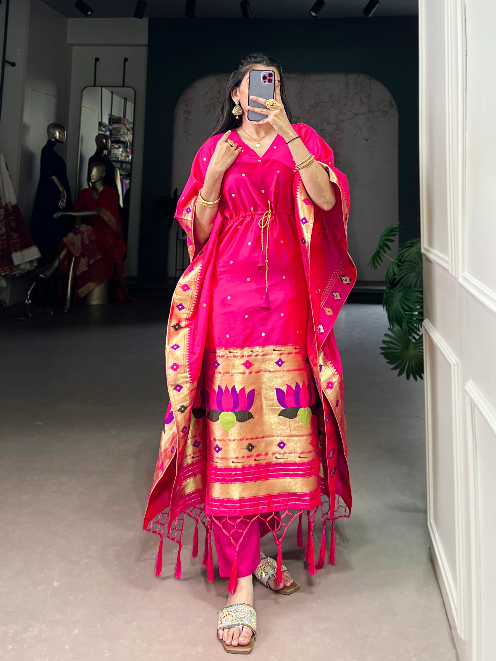 Pink Gold Butti Paithani Soft Silk Kaftaan