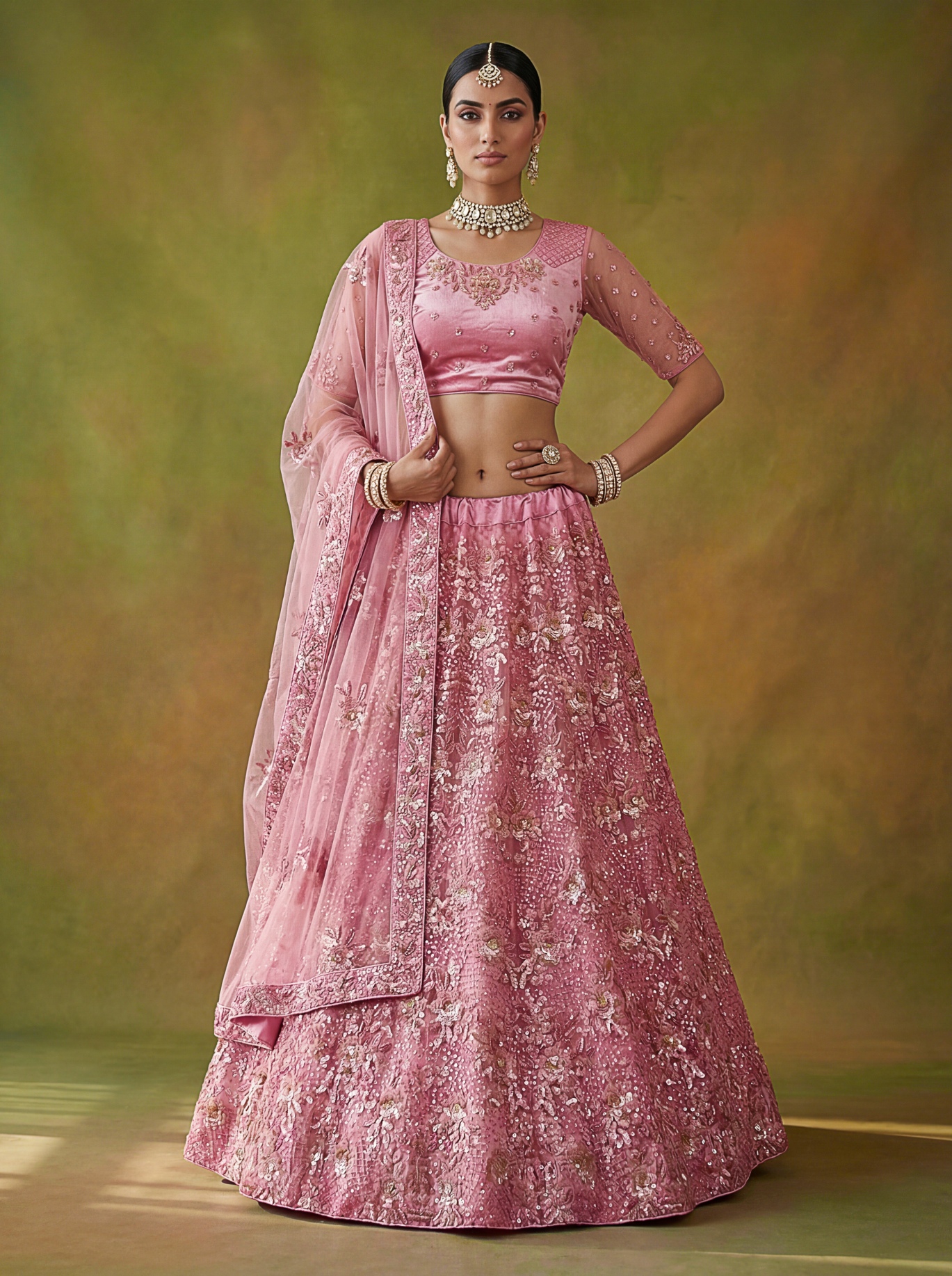 Pink Gold Sequins Net Lehenga Choli