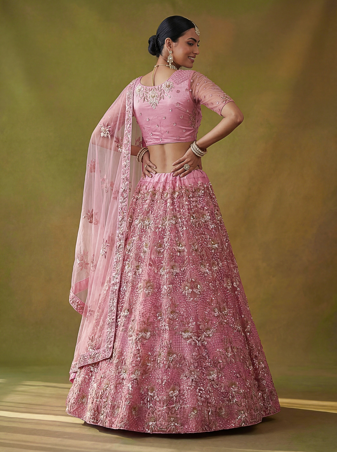 Pink Gold Sequins Net Lehenga Choli — alternate view