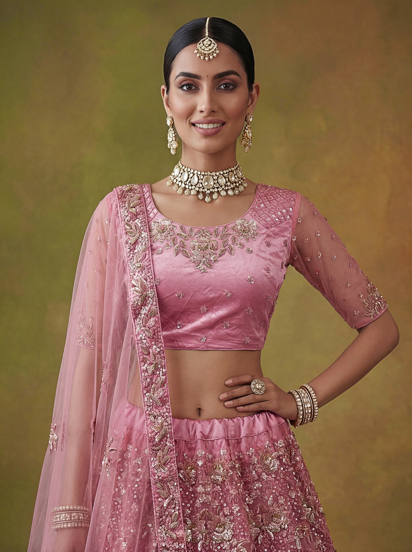 Pink Gold Sequins Net Lehenga Choli