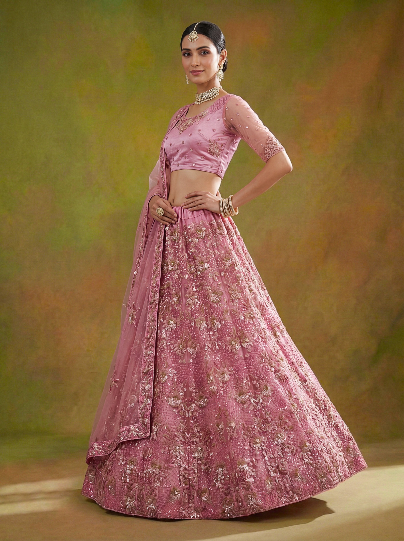 Pink Gold Sequins Net Lehenga Choli