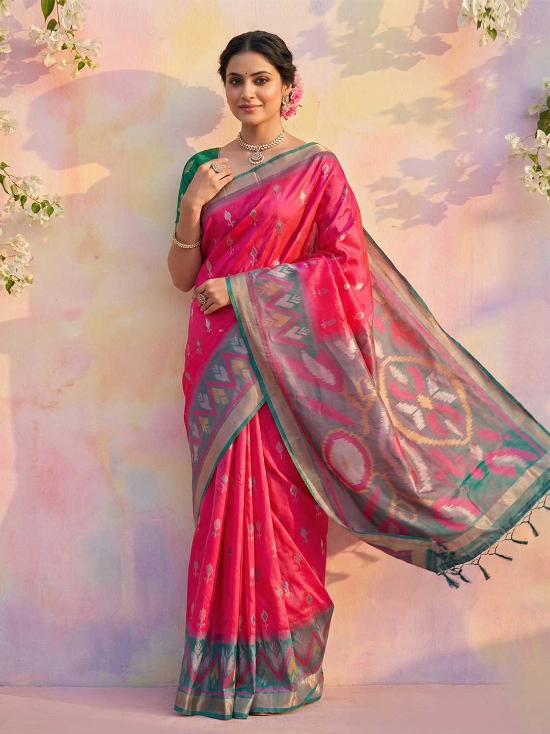 Pink Green Woven Soft Silk Designer Saree