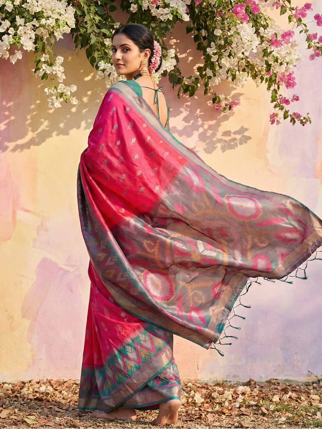Pink Green Woven Soft Silk Designer Saree — alternate view