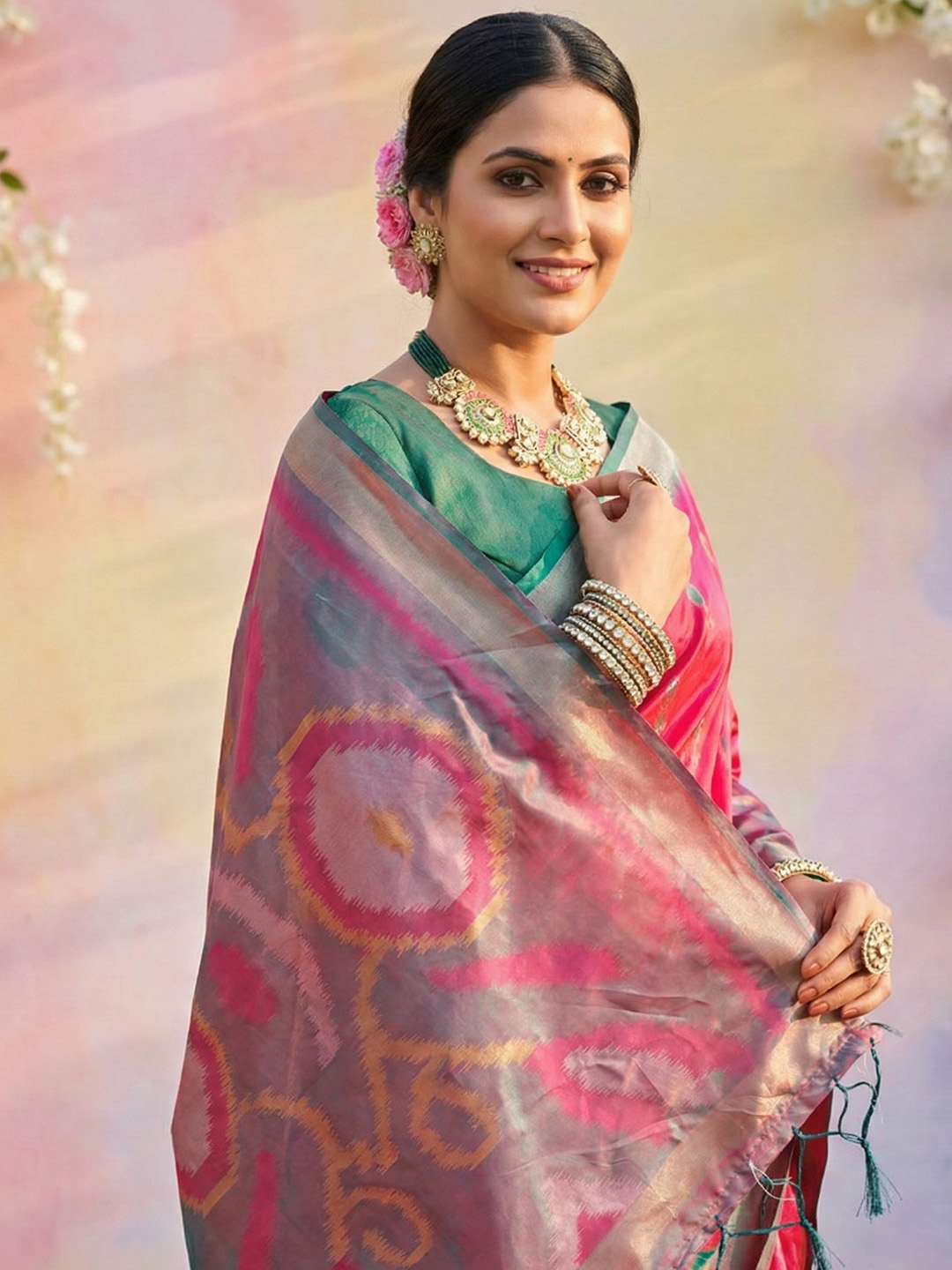 Pink Green Woven Soft Silk Designer Saree