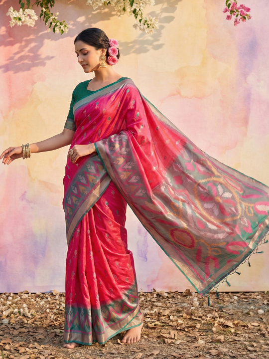 Pink Green Woven Soft Silk Designer Saree