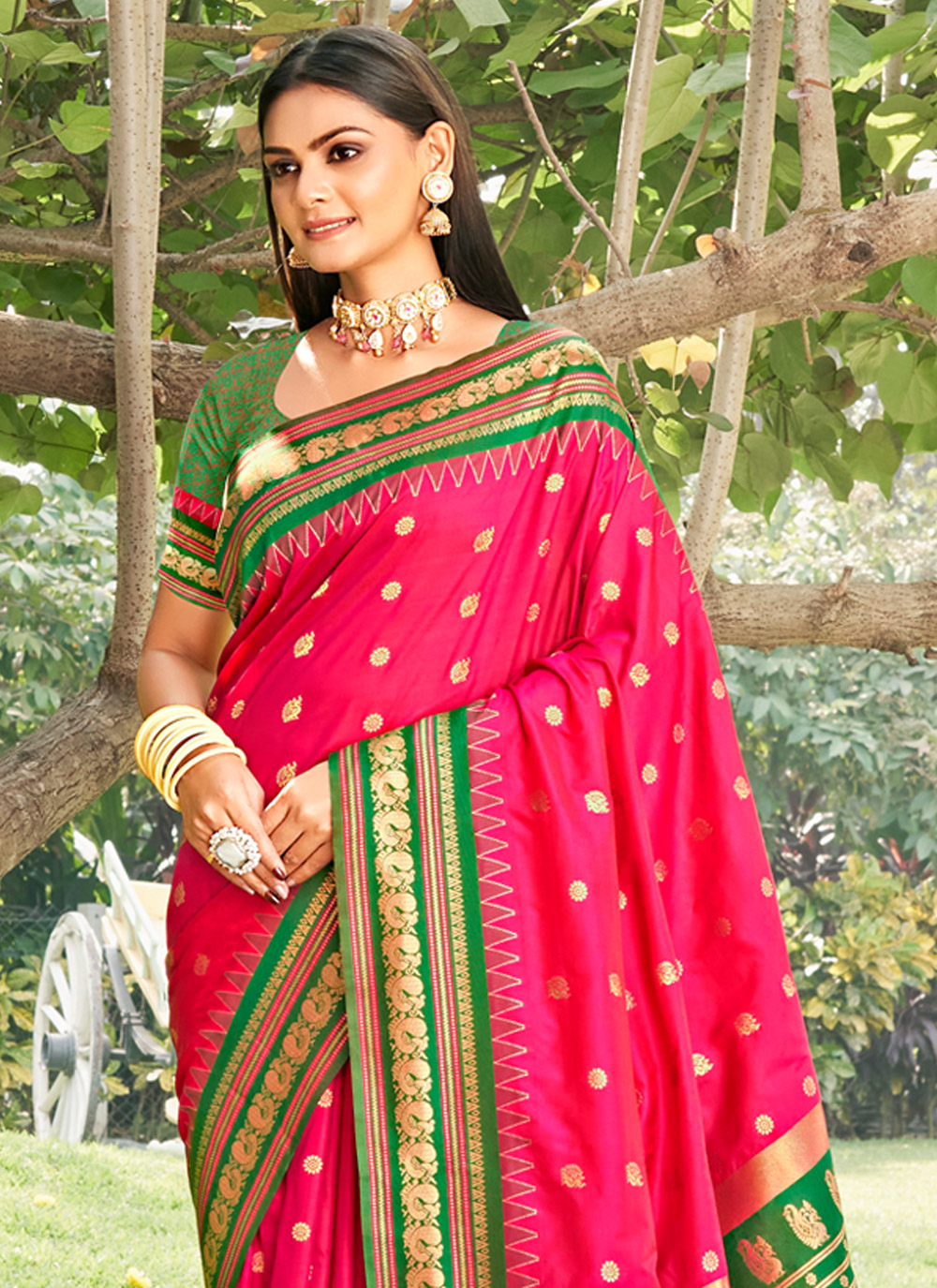 Pink Green Woven Soft Silk Saree — alternate view