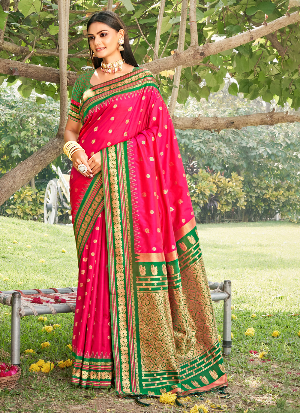 Pink Green Woven Soft Silk Saree