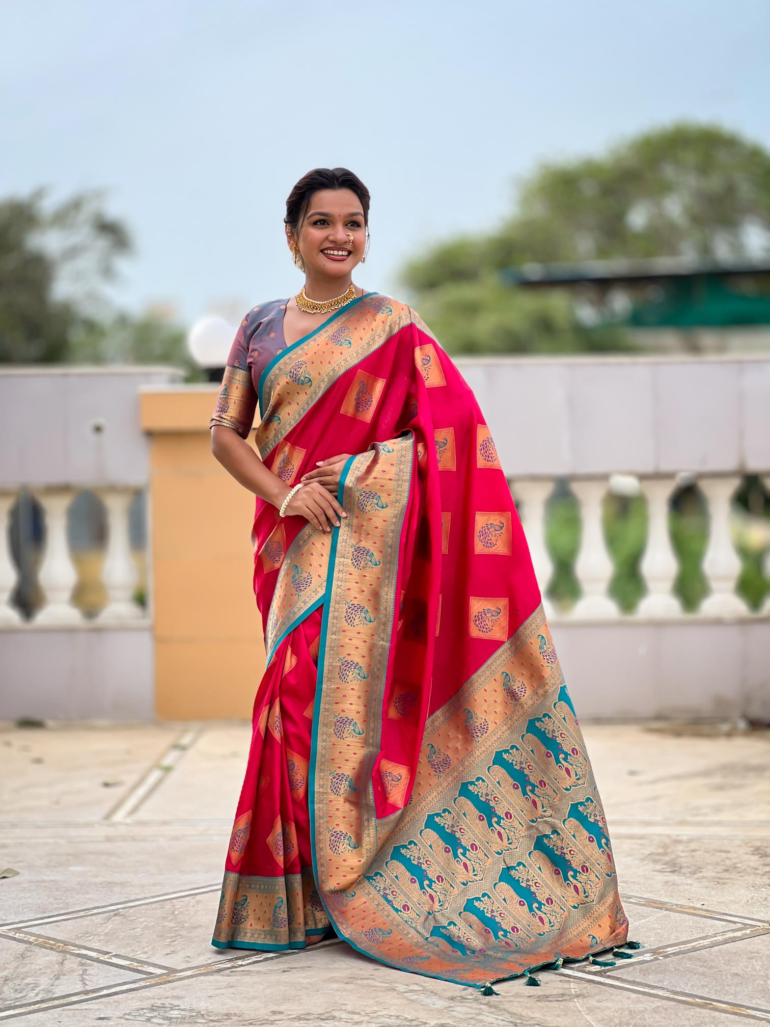 Pink Grey Banarasi Silk Saree