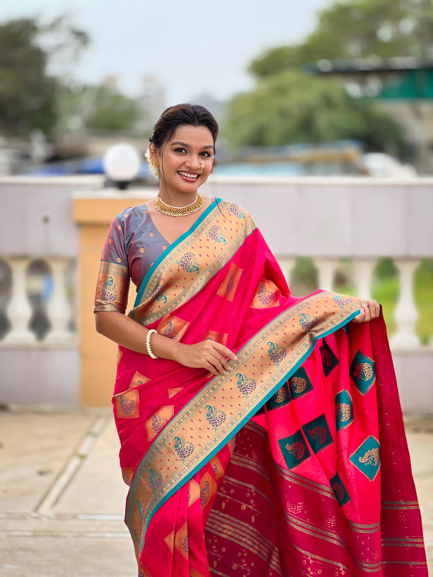 Pink Grey Banarasi Silk Saree