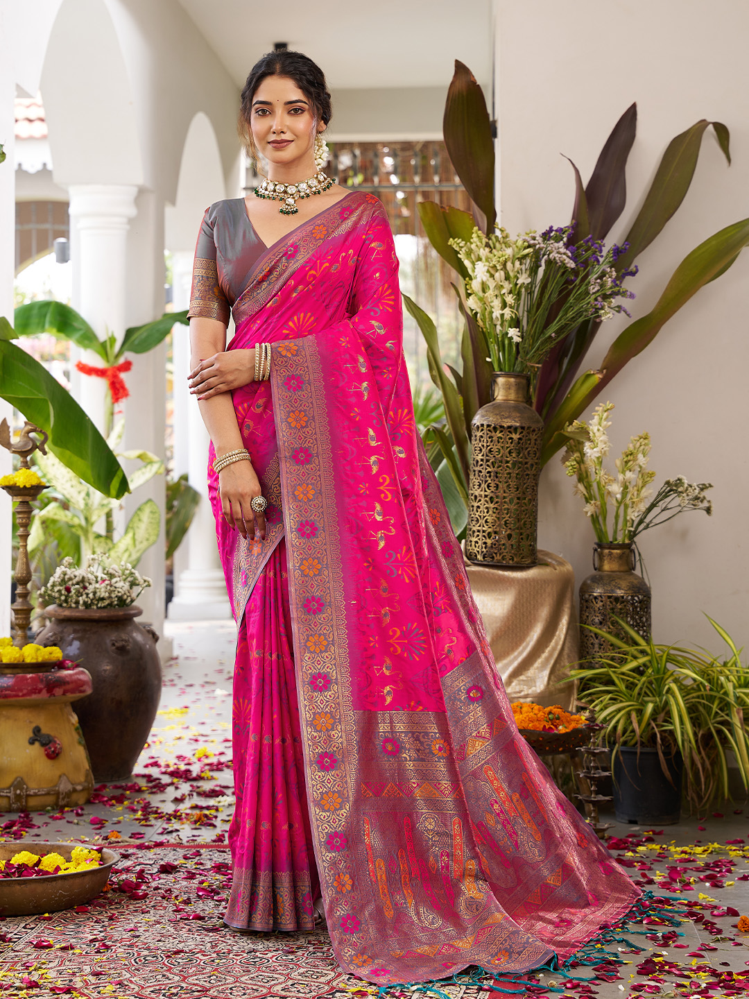 Pink Grey Soft Silk Woven Saree
