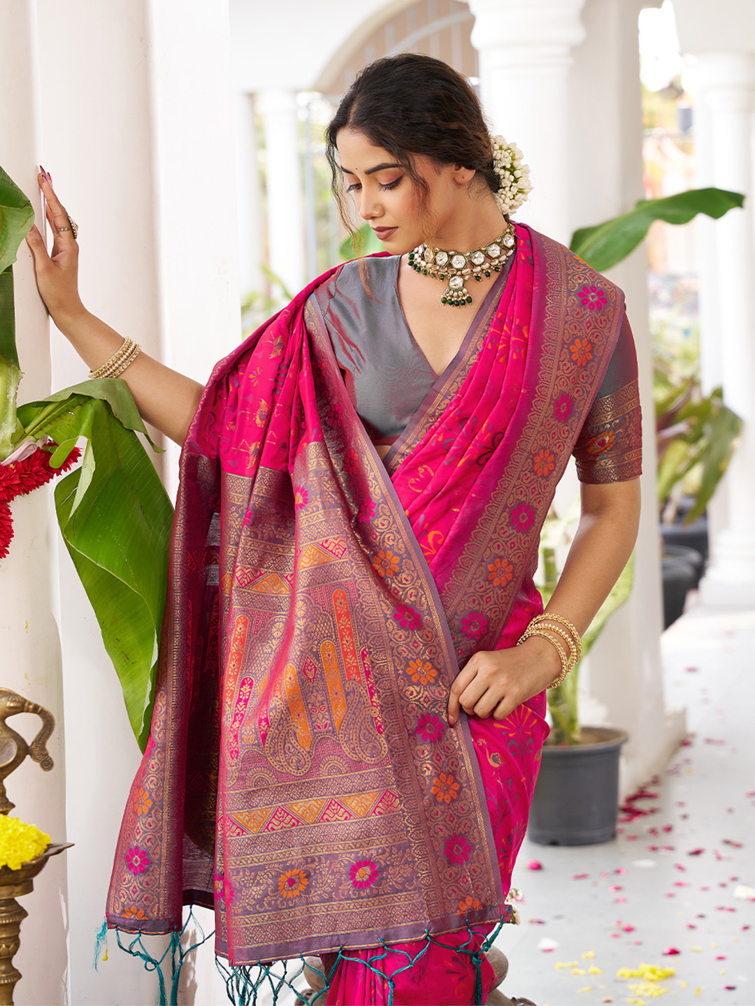 Pink Grey Soft Silk Woven Saree