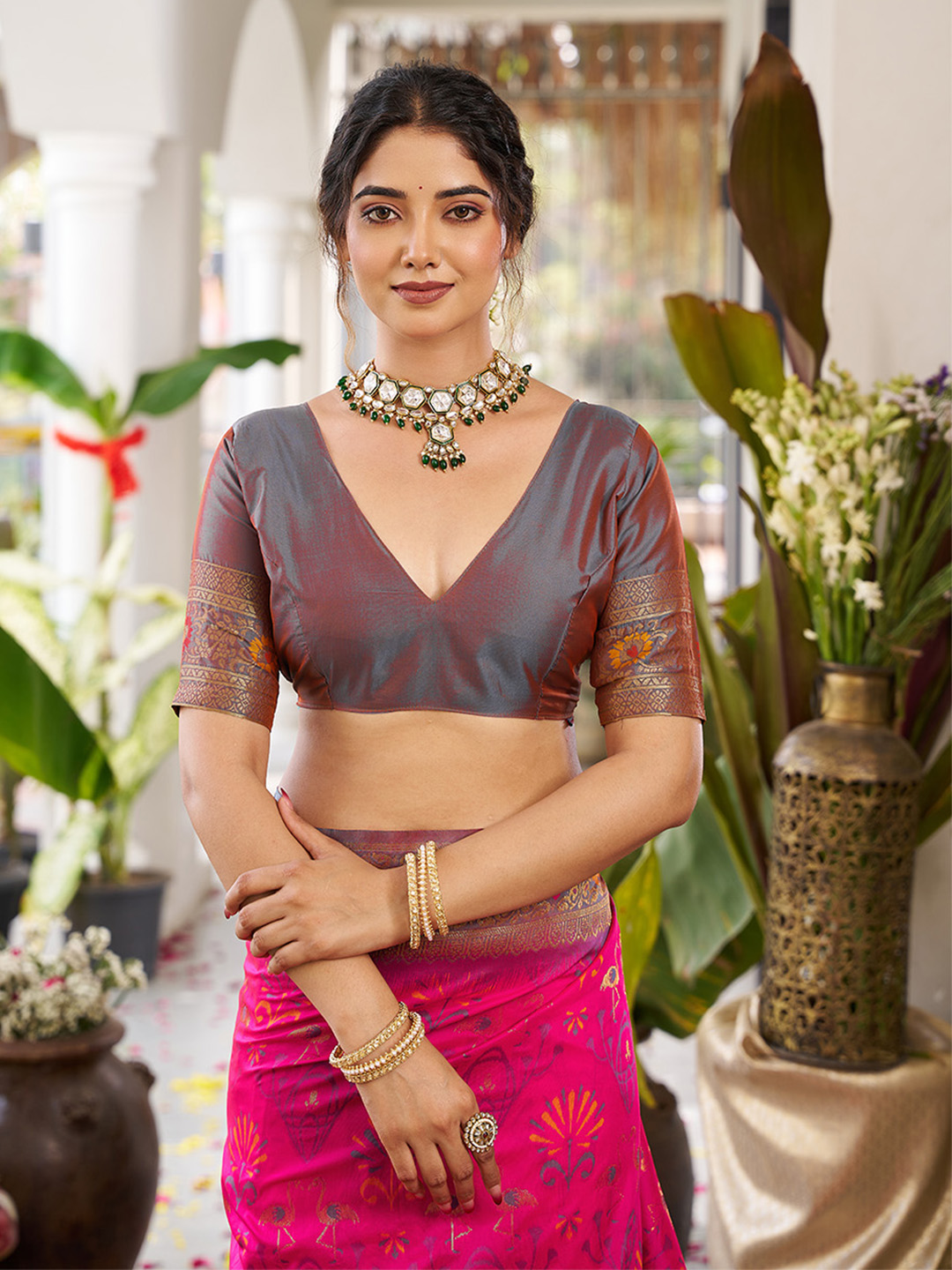 Pink Grey Soft Silk Woven Saree