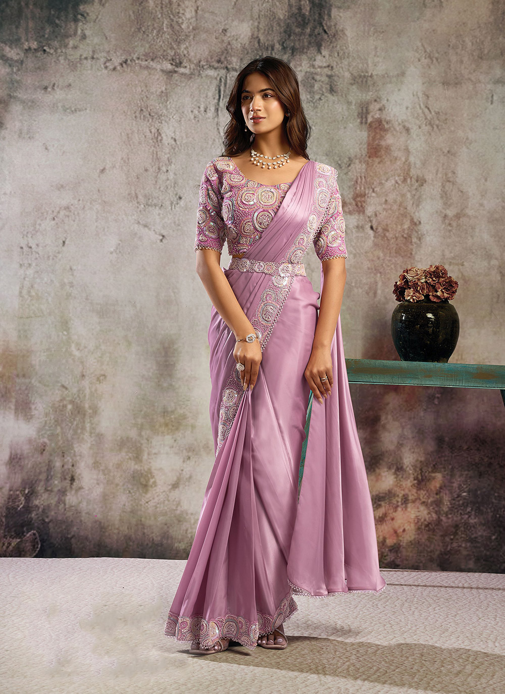 Pink Hand Embroidered Lustrous Satin Ready-to-Wear Saree