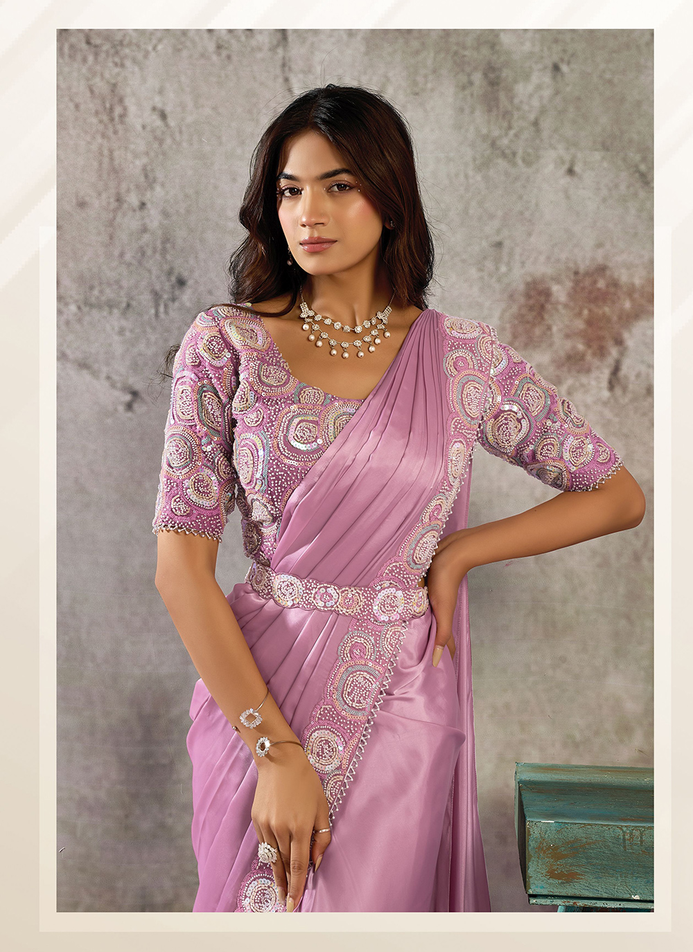 Pink Hand Embroidered Lustrous Satin Ready-to-Wear Saree