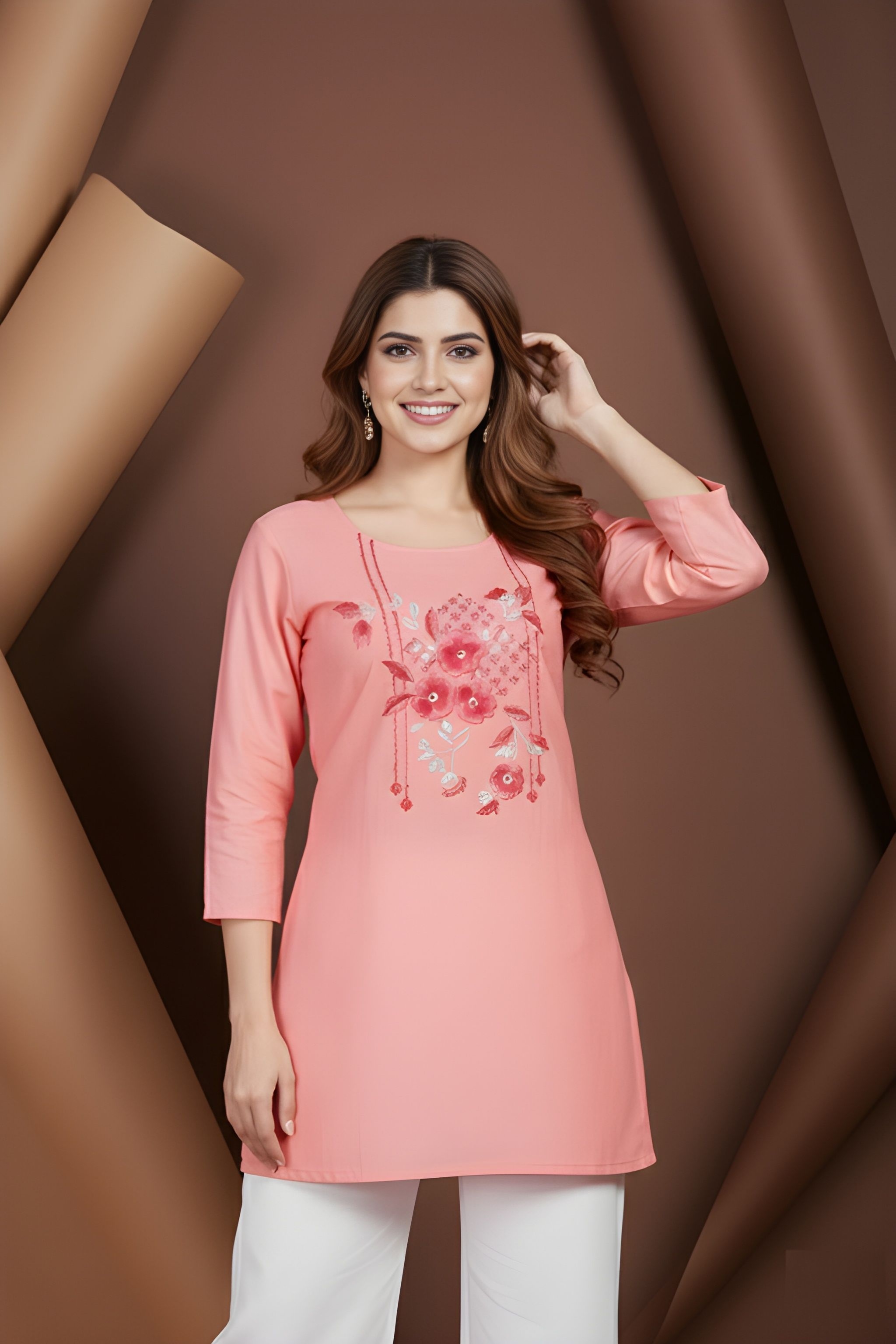 Pink Hand Work Cotton Blend Tunic Top