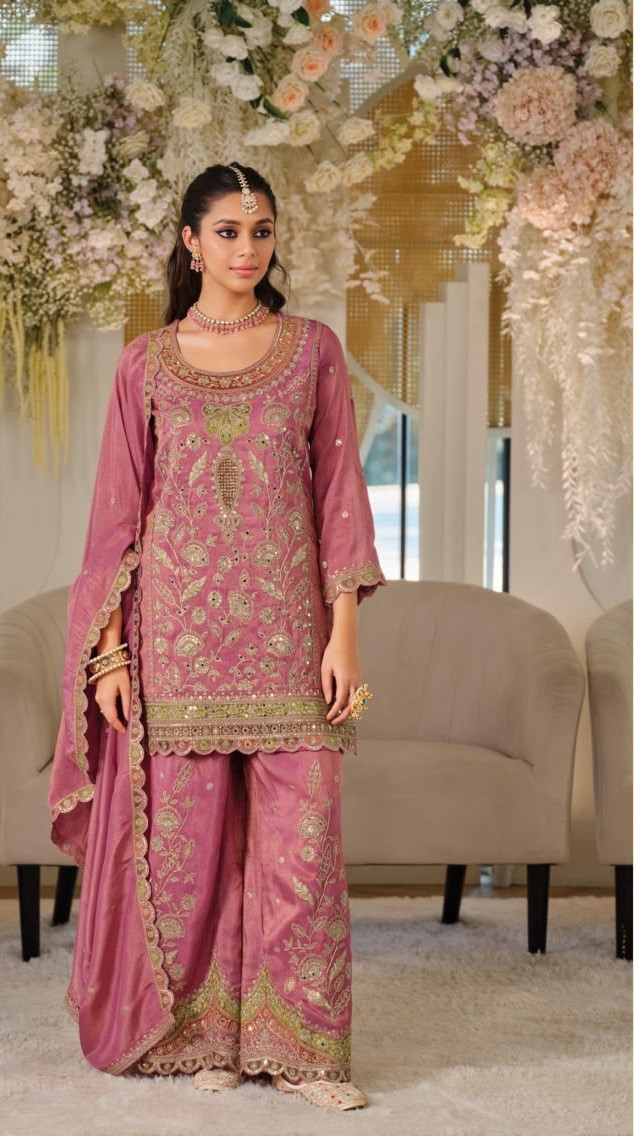 Pink Heavy Designer Embroidery Silk Palazzo Suit
