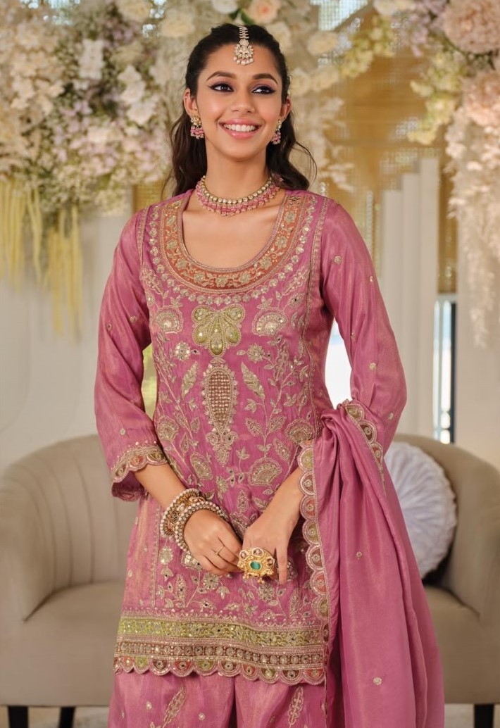Pink Heavy Designer Embroidery Silk Palazzo Suit — alternate view