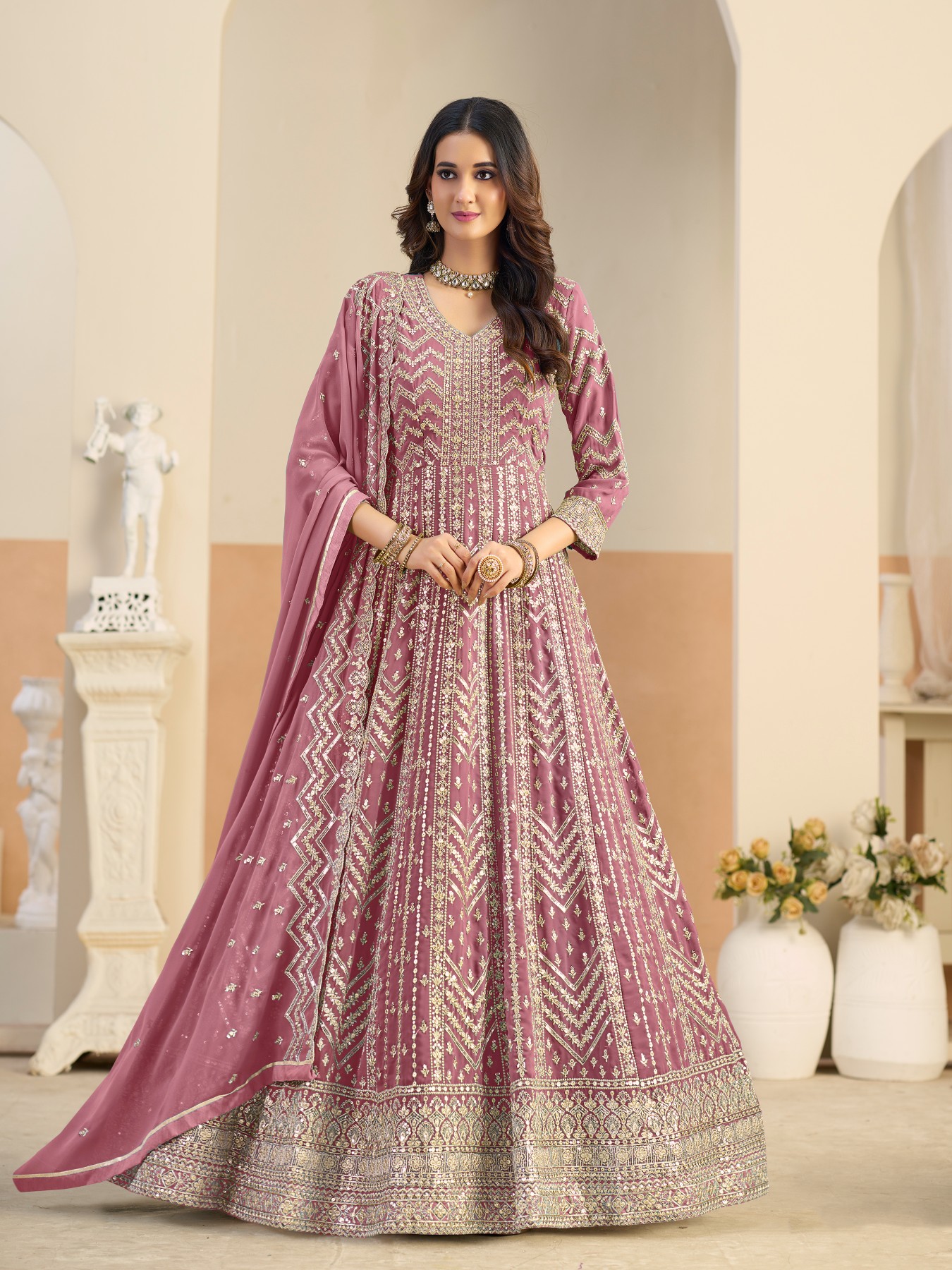 Pink Heavy Embroidered Faux Georgette Anarkali Suit