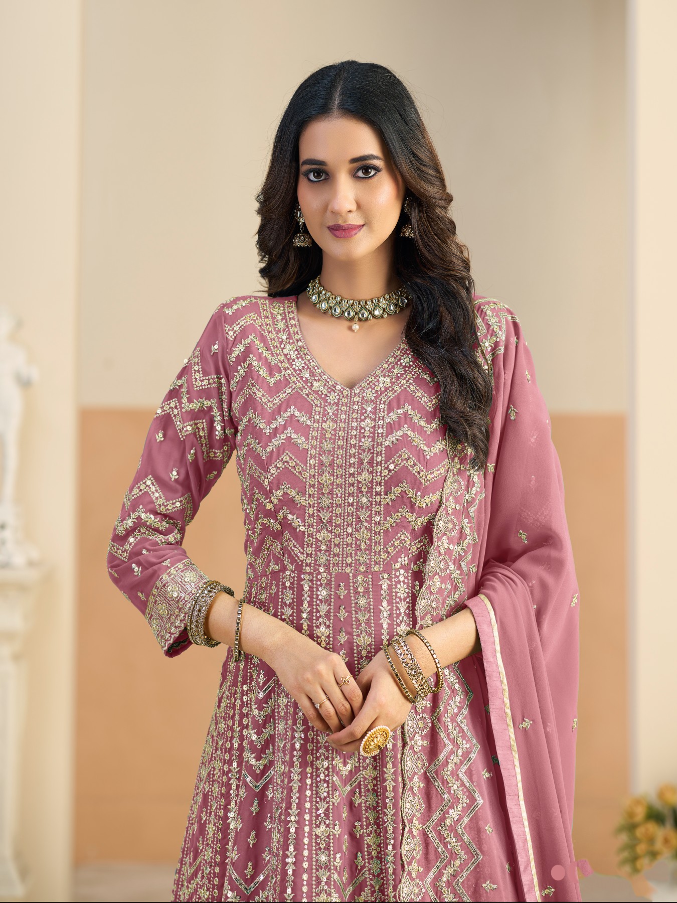 Pink Heavy Embroidered Faux Georgette Anarkali Suit