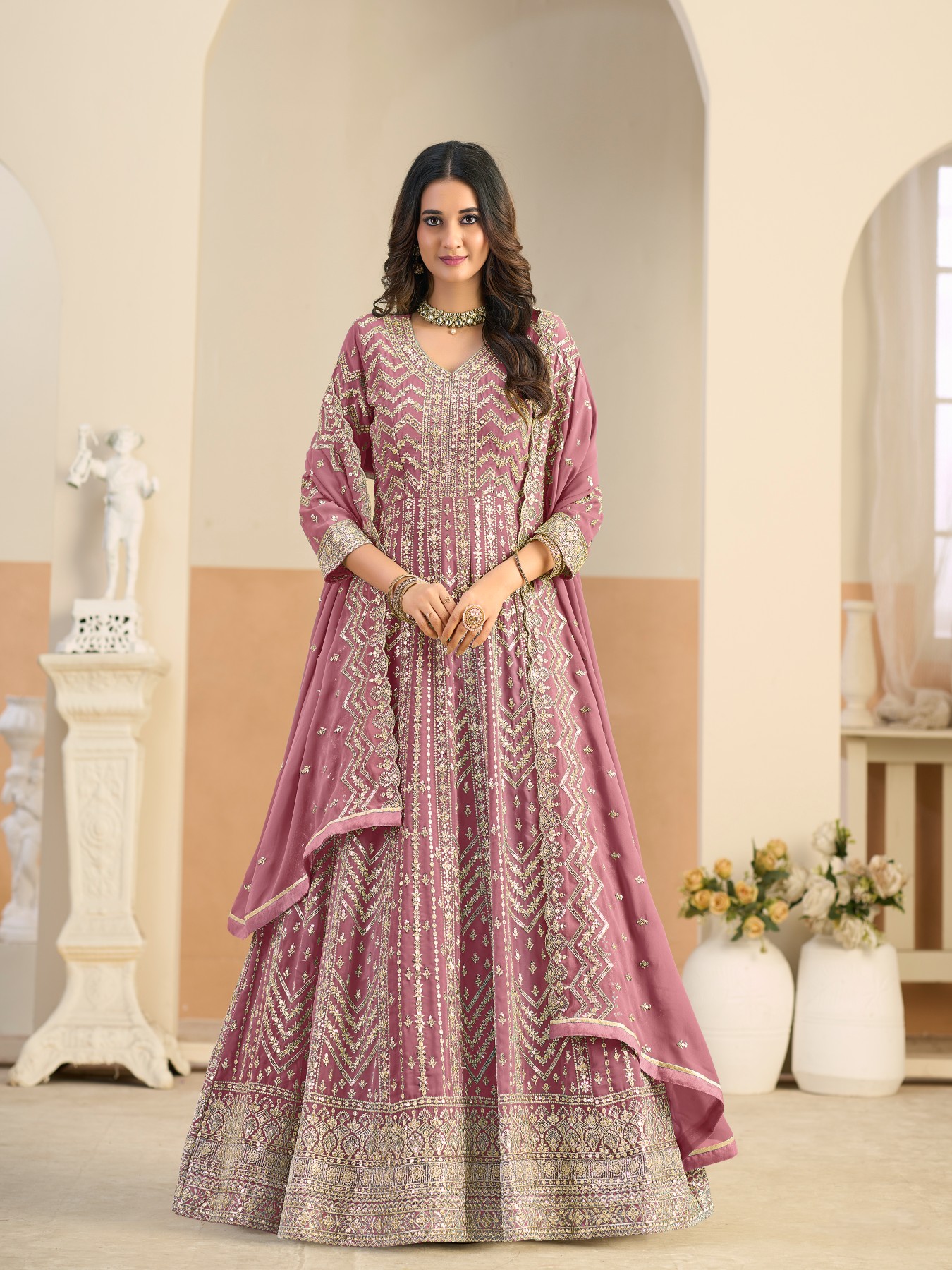 Pink Heavy Embroidered Faux Georgette Anarkali Suit
