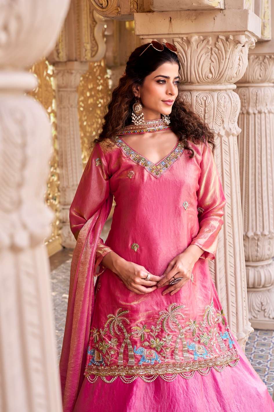 Pink Heavy Embroidered Pure Fendy Long Choli Lehenga — alternate view