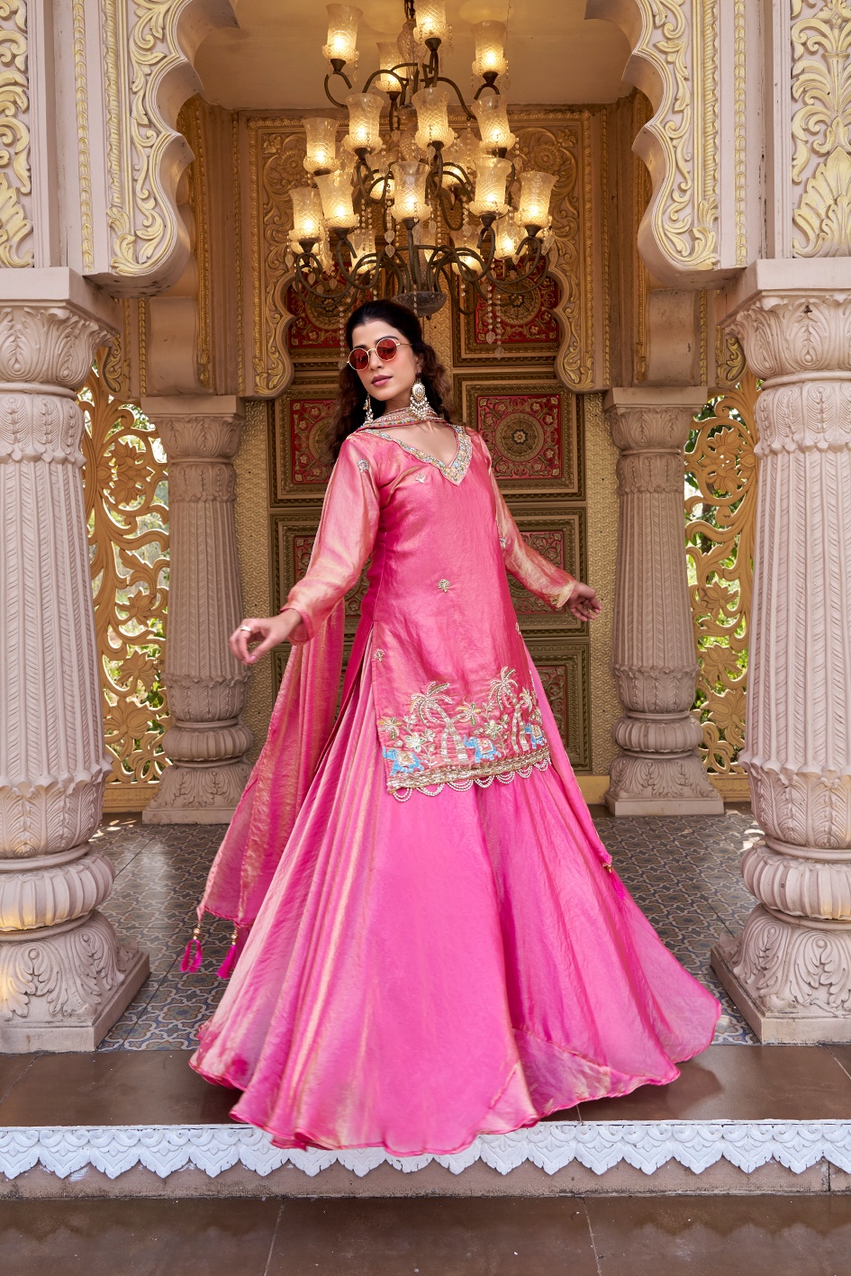 Pink Heavy Embroidered Pure Fendy Long Choli Lehenga