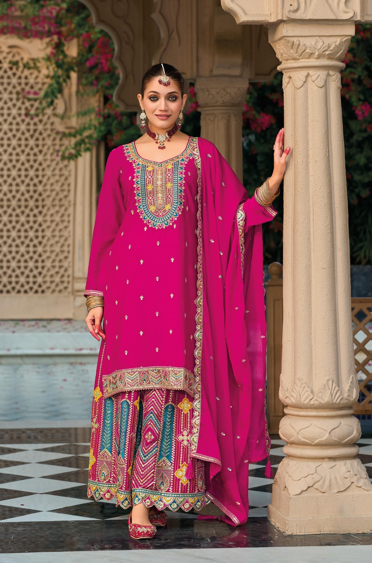 Pink Heavy Embroidery Chinon Palazzo Suit