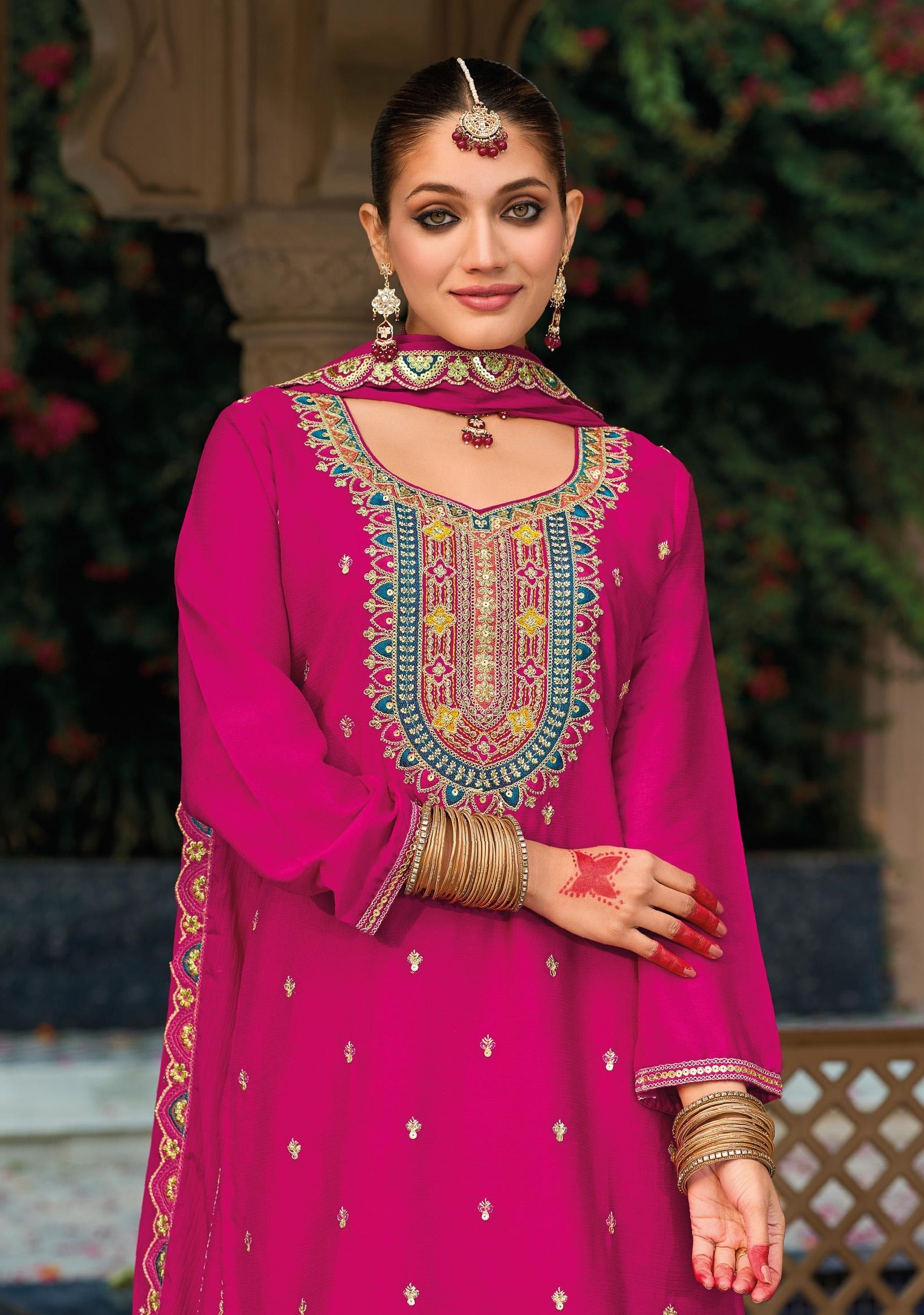 Pink Heavy Embroidery Chinon Palazzo Suit — alternate view