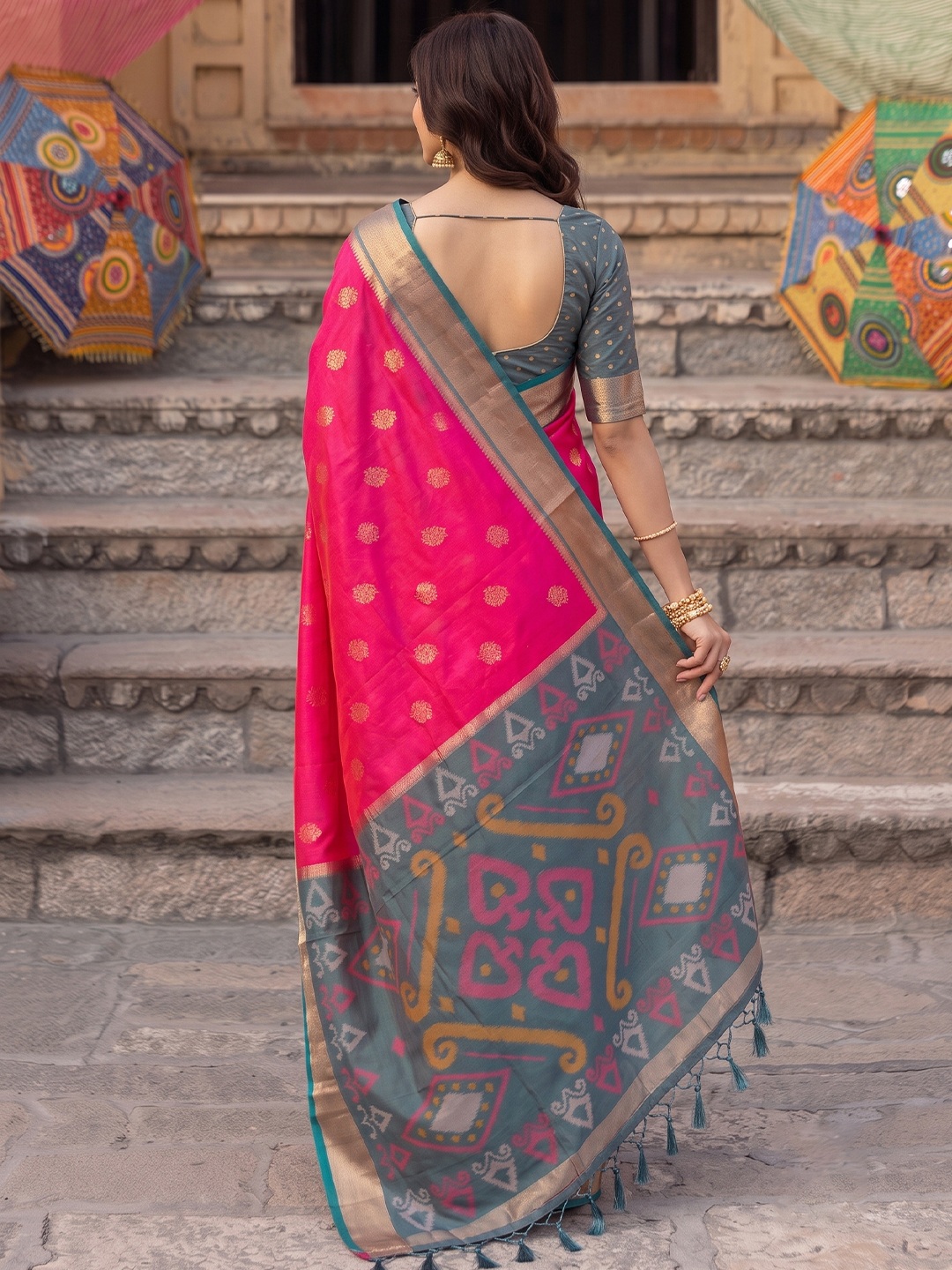 Pink Heritage Butti Woven Zari Jacquard Designer Soft Silk Saree — alternate view