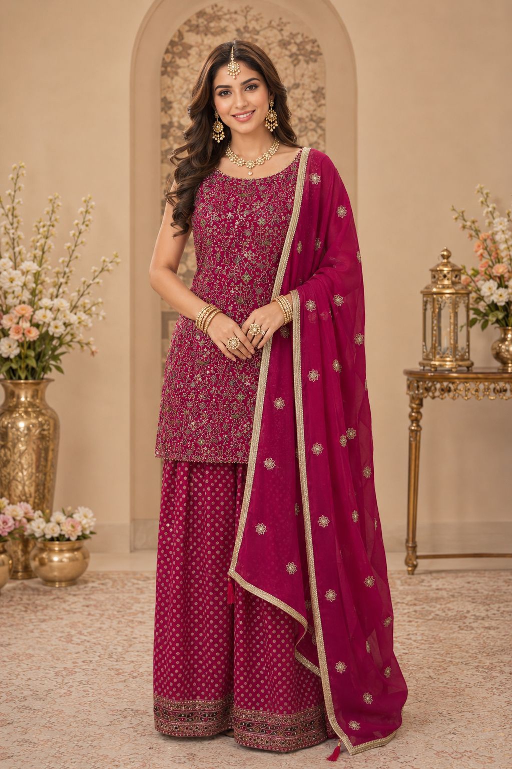 Pink Heritage Embroidered Georgette Sharara Suit