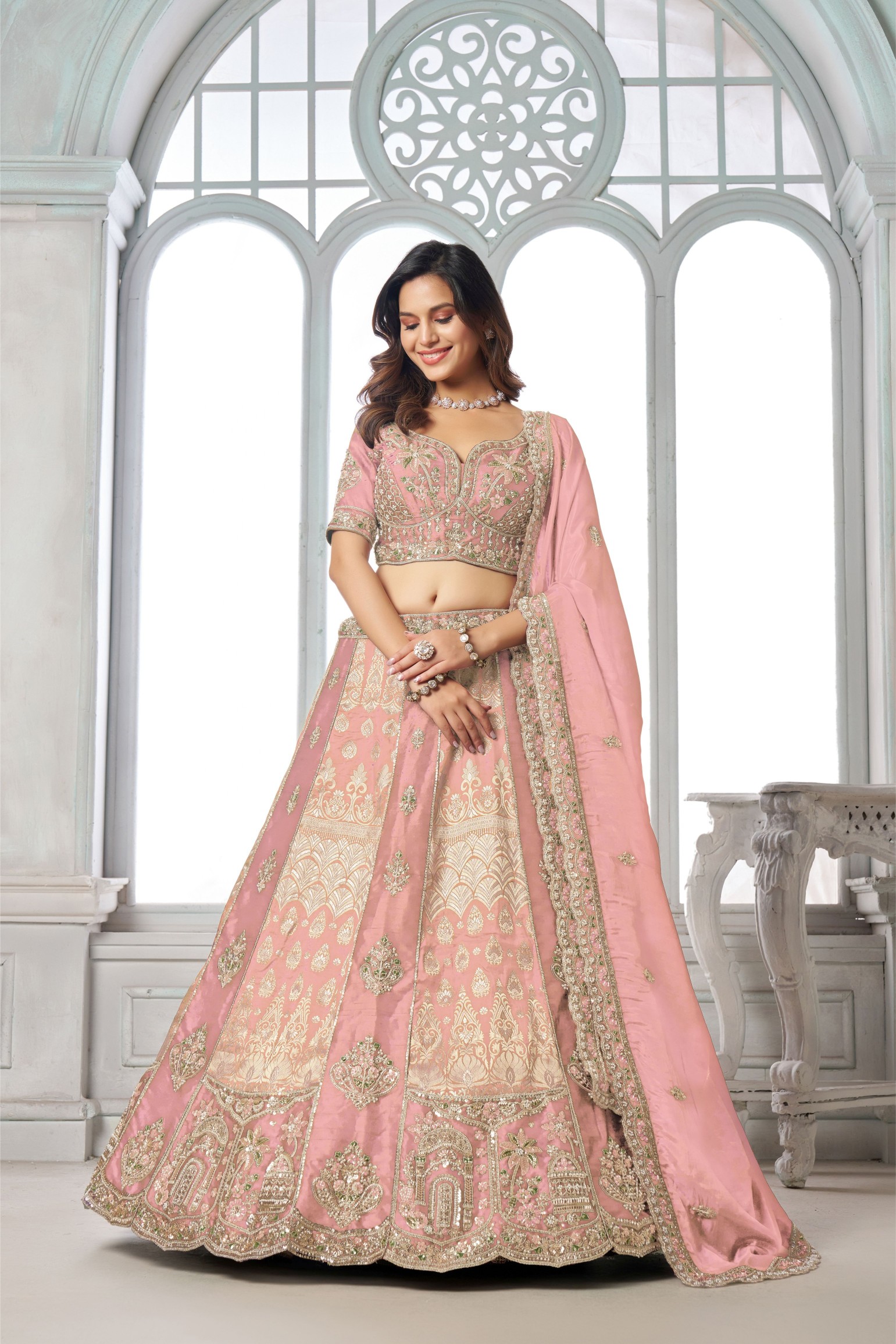 Pink Heritage Embroidery Silk Panelled Lehenga Choli
