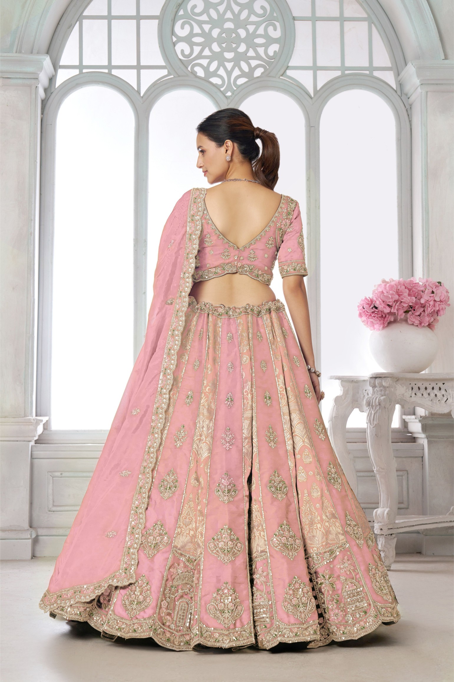 Pink Heritage Embroidery Silk Panelled Lehenga Choli — alternate view