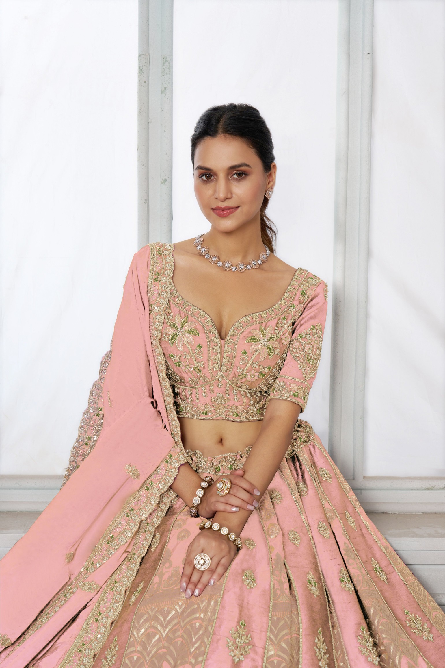 Pink Heritage Embroidery Silk Panelled Lehenga Choli