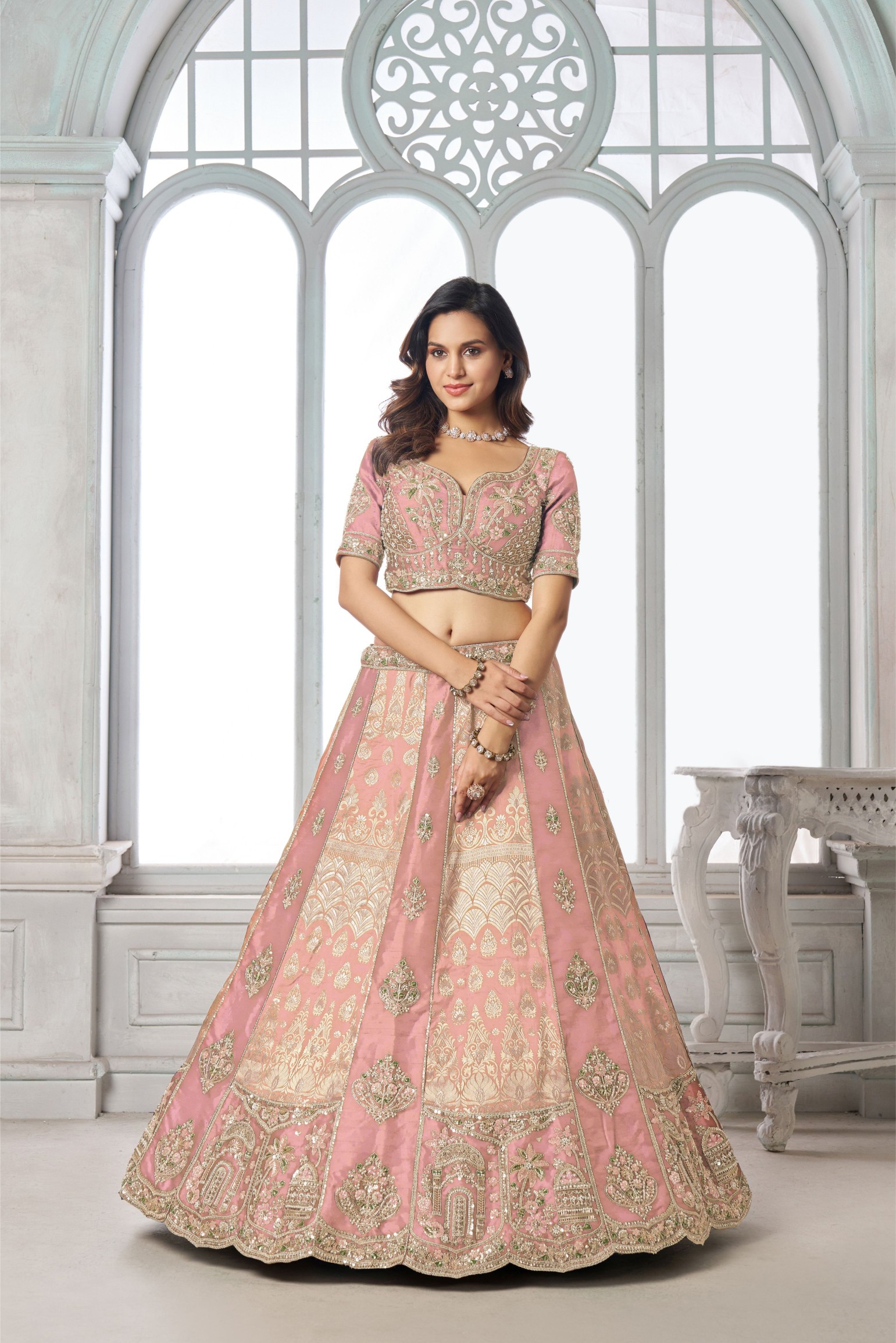 Pink Heritage Embroidery Silk Panelled Lehenga Choli