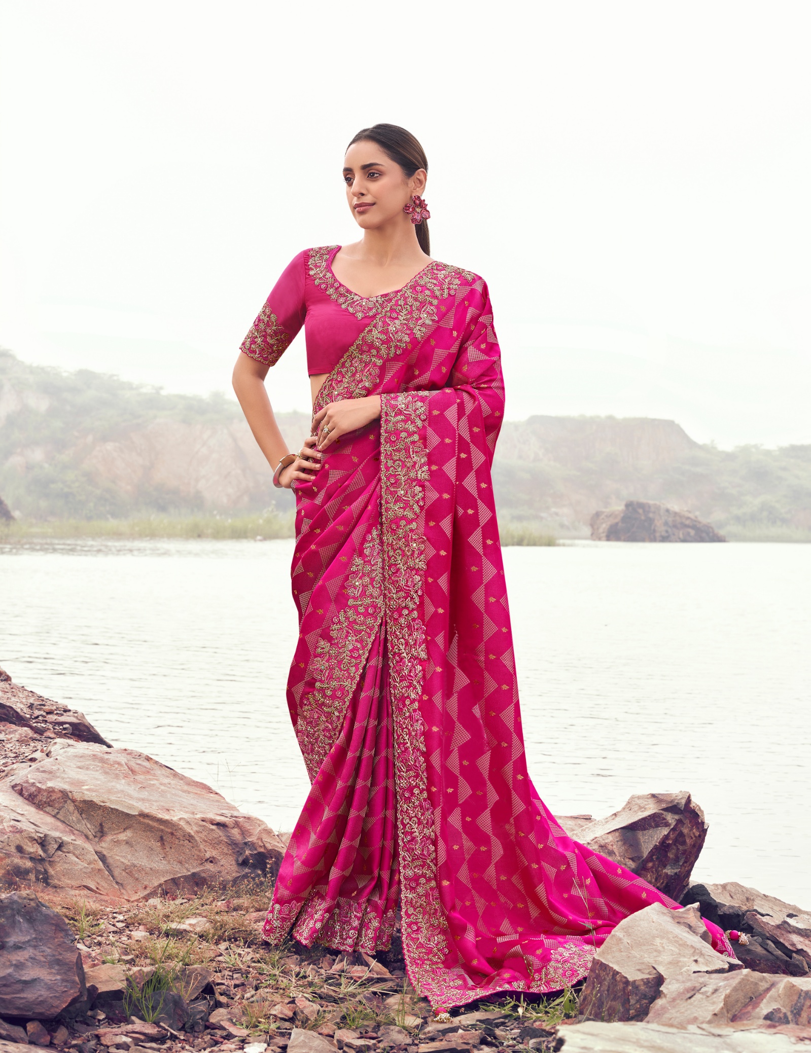 Pink Heritage Heavy Satin Saree