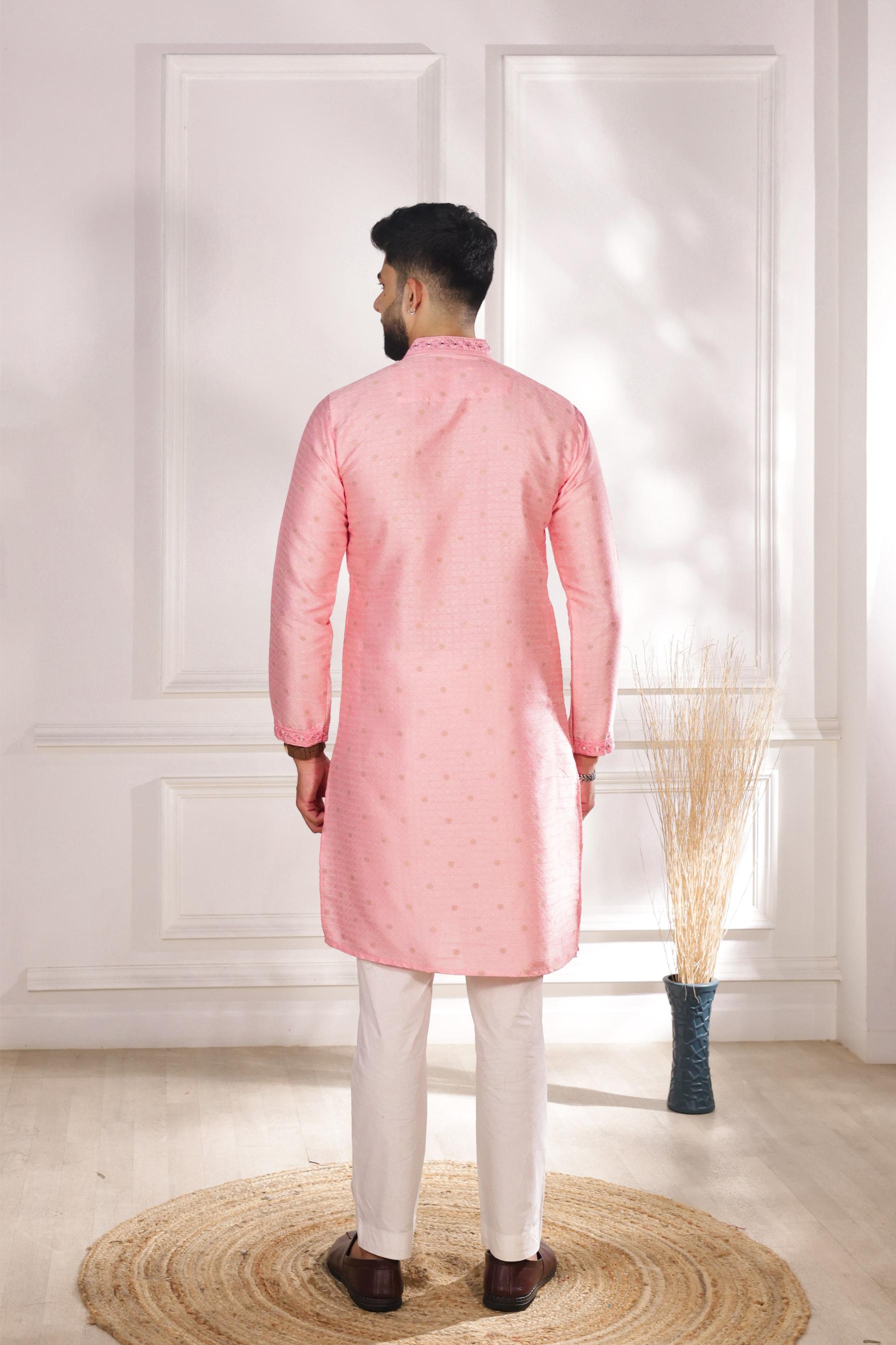 Pink Jacquard Silk Kurta Pyjama — alternate view