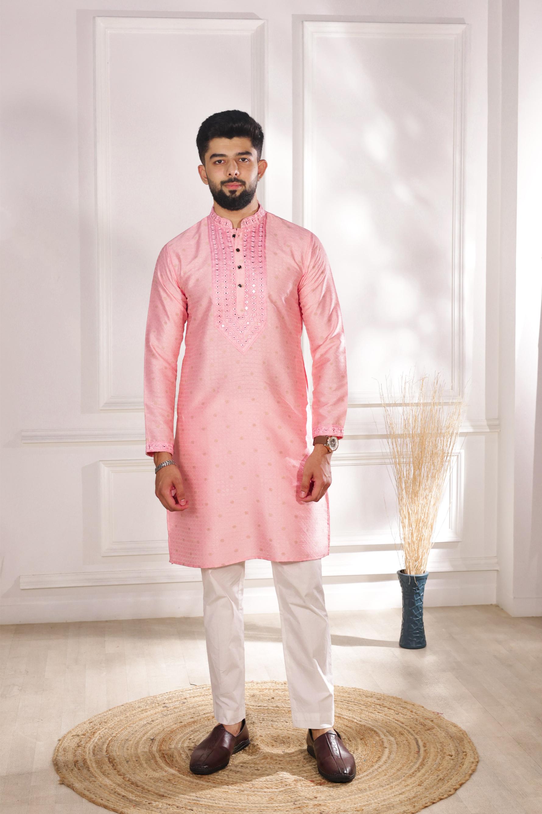 Pink Jacquard Silk Kurta Pyjama